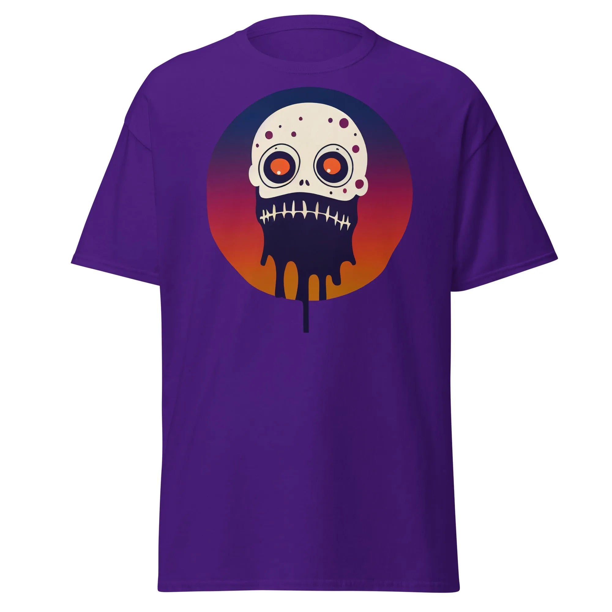Slop n Slime Skullface purple Halloween T-shirt featuring a skull with large eyes and a dripping effect.