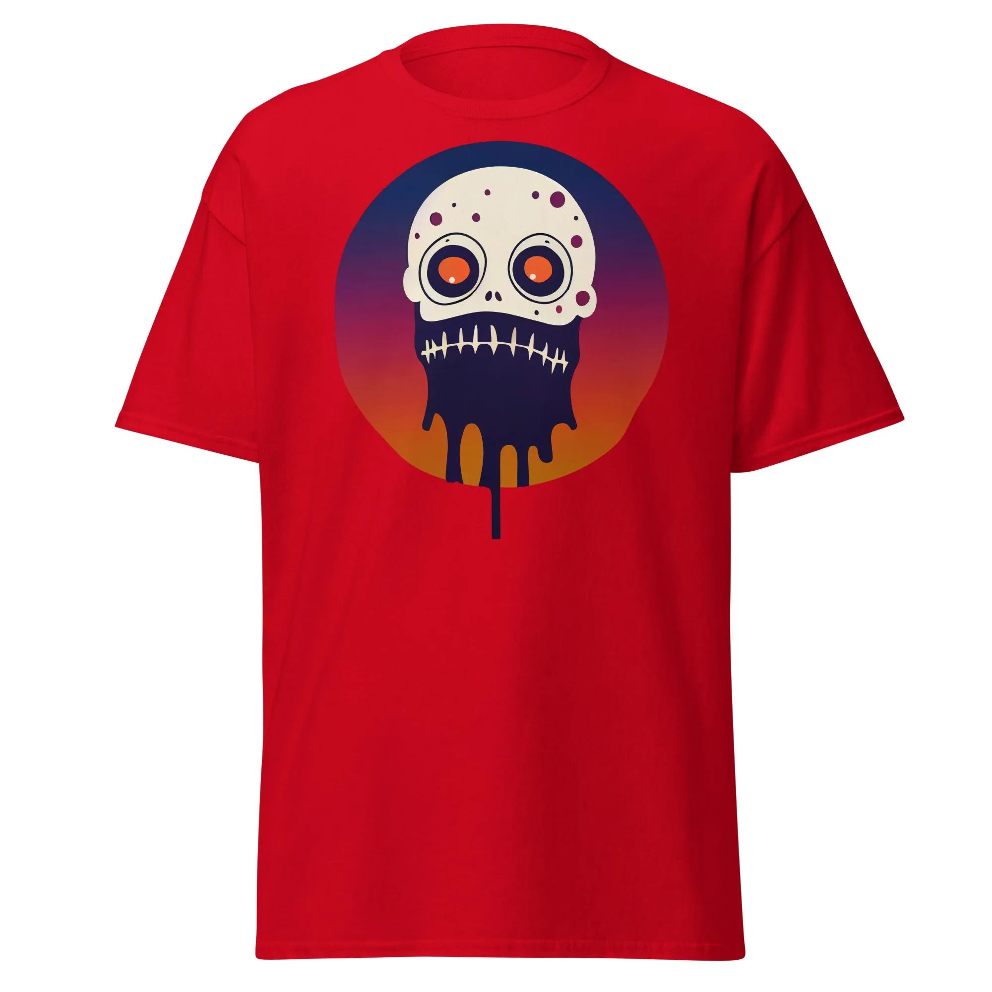 Slop n Slime Skullface red Halloween T-shirt featuring a skull with large eyes and a dripping effect.