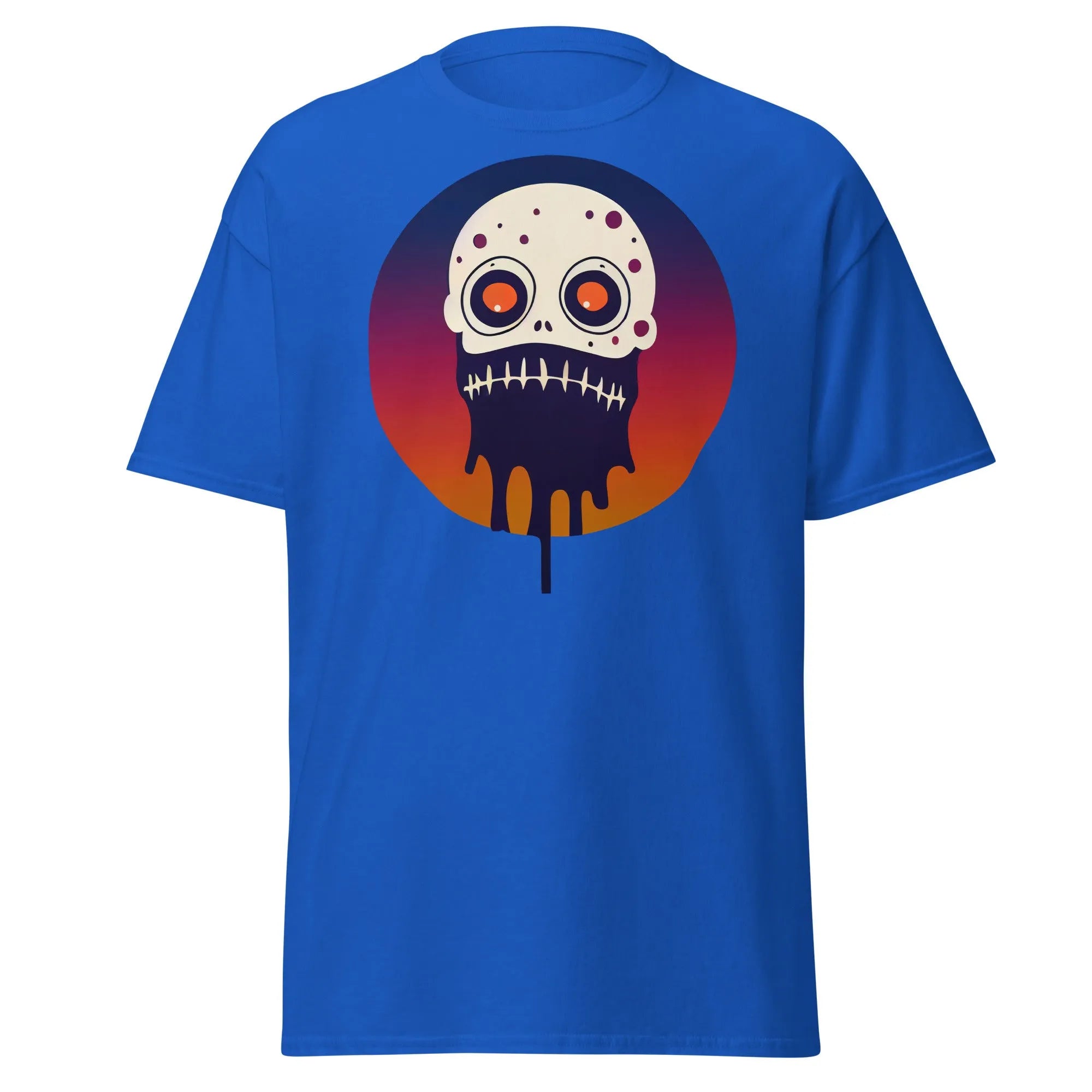 Slop n Slime Skullface royal blue Halloween T-shirt featuring a skull with large eyes and a dripping effect.