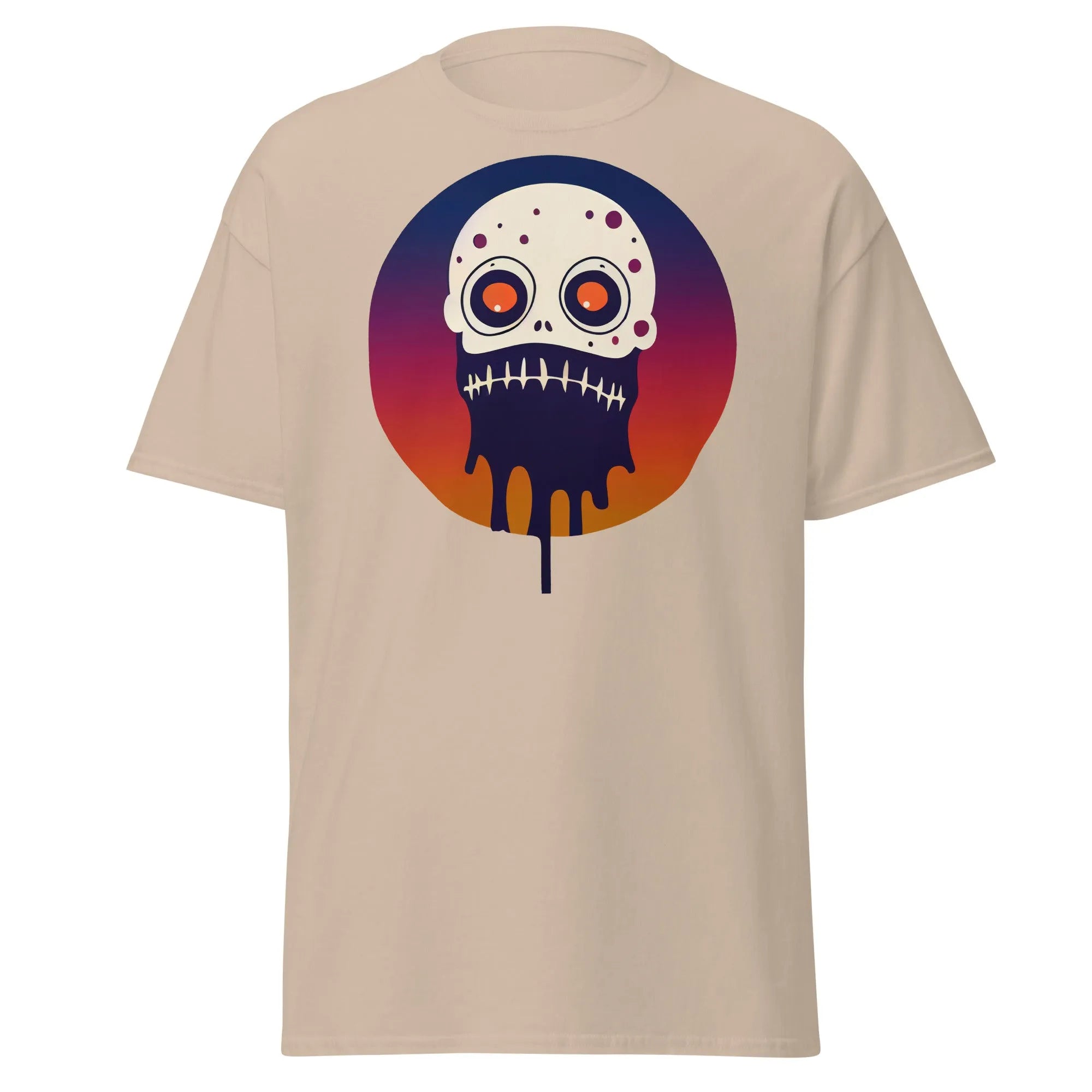 Slop n Slime Skullface sand Halloween T-shirt featuring a skull with large eyes and a dripping effect.