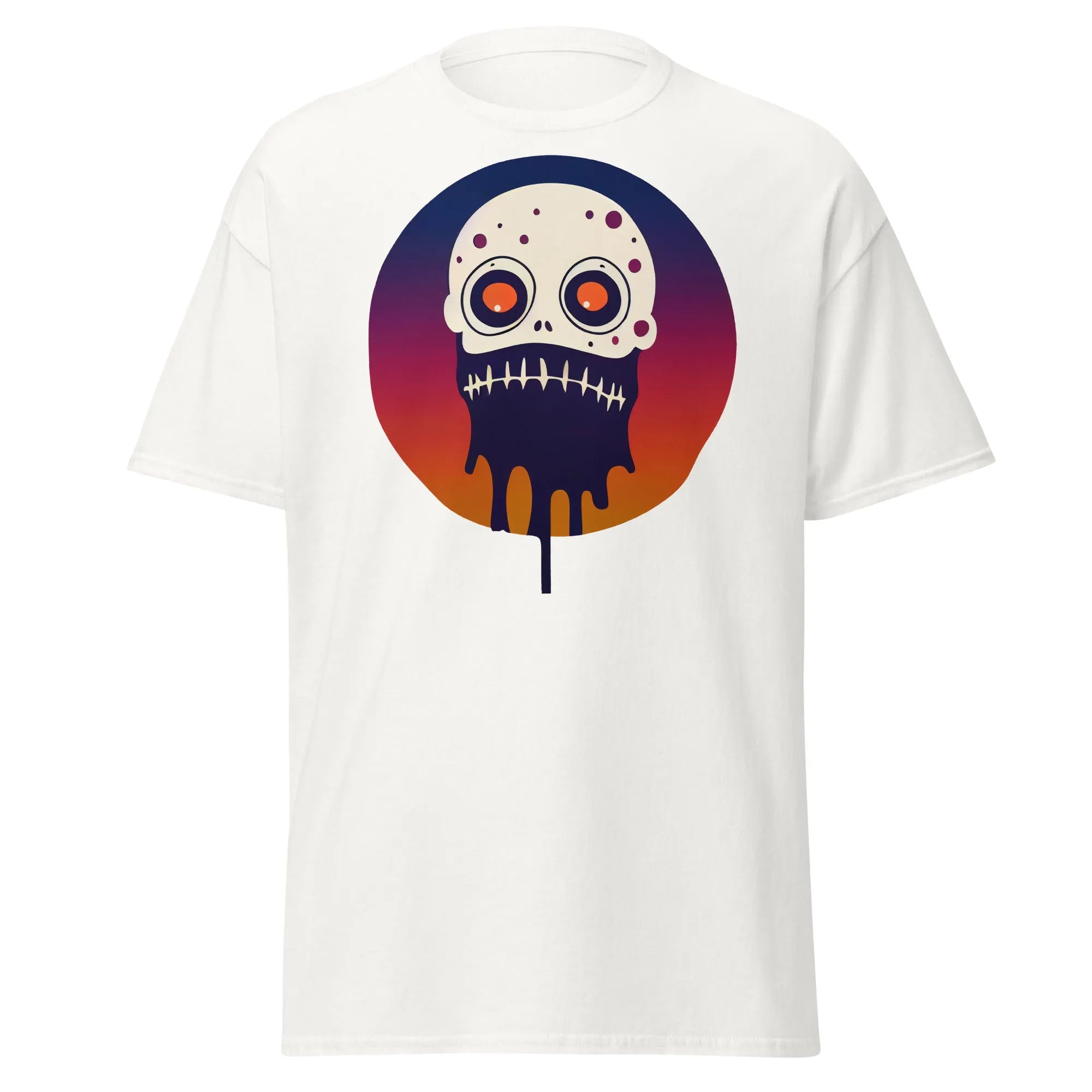 Slop n Slime Skullface white Halloween T-shirt featuring a skull with large eyes and a dripping effect.