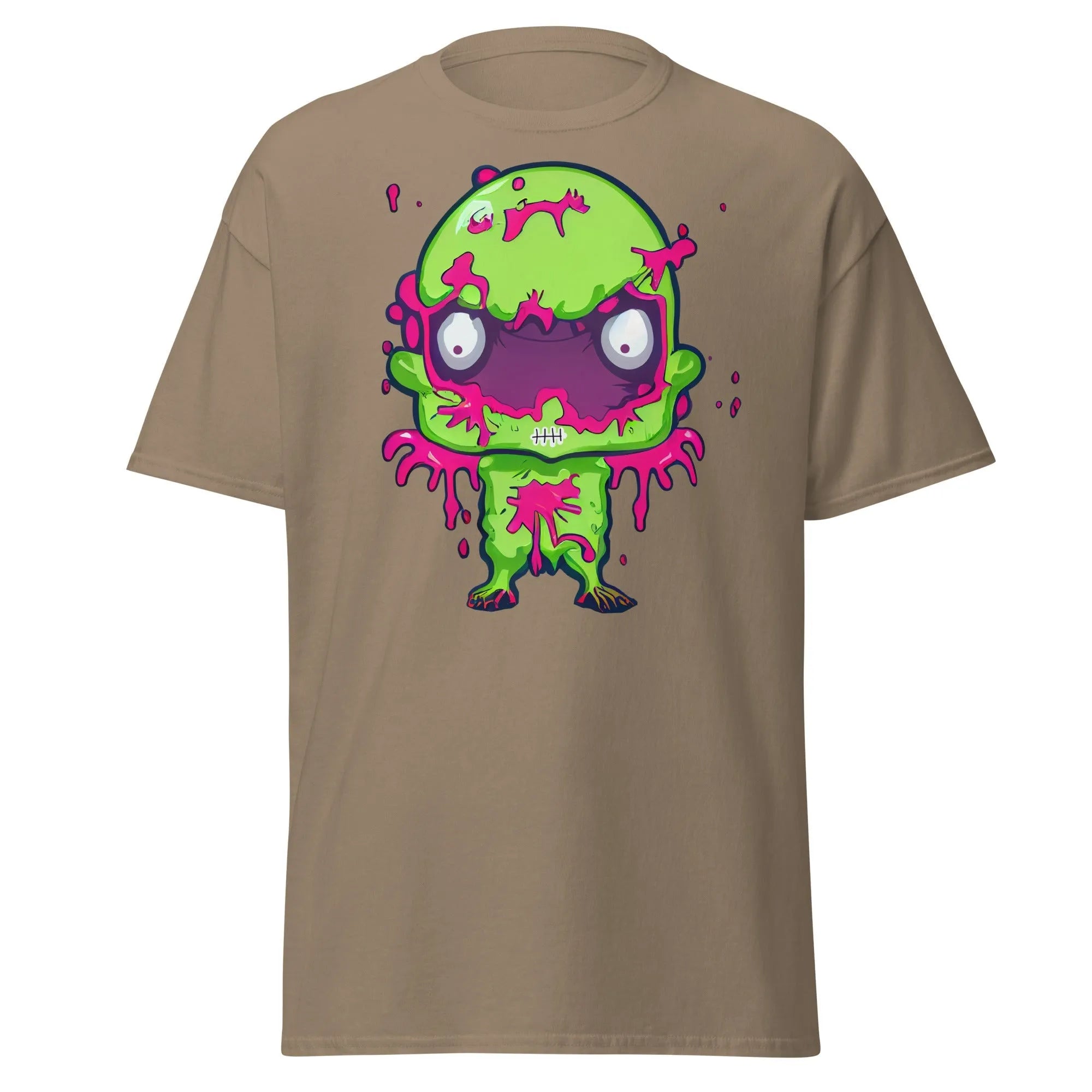 Slopster brown Halloween T-shirt featuring a green zombie with big eyes, and pink slime dripping from its head, arms, and body.