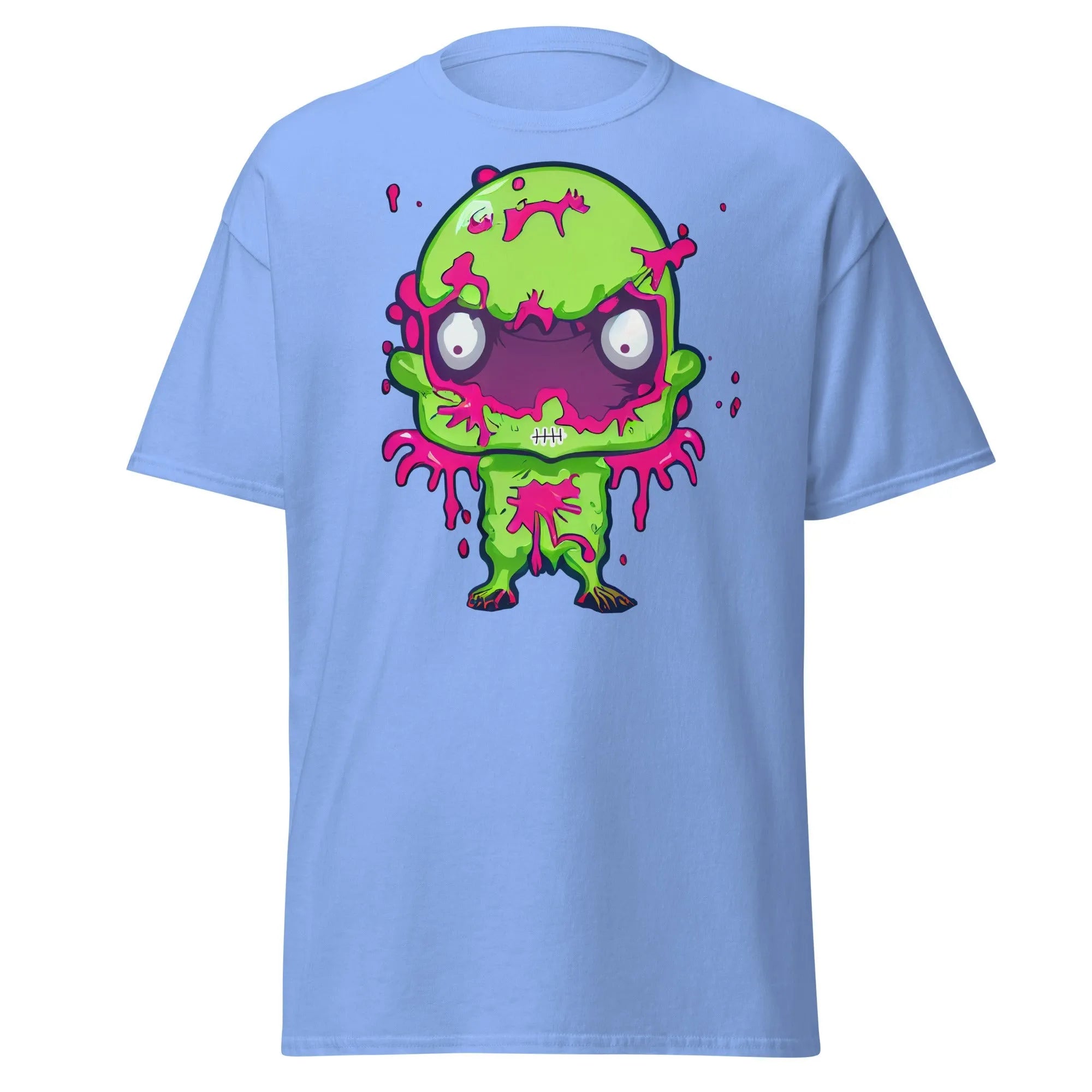 Slopster carolina blue Halloween T-shirt featuring a green zombie with big eyes, and pink slime dripping from its head, arms, and body.
