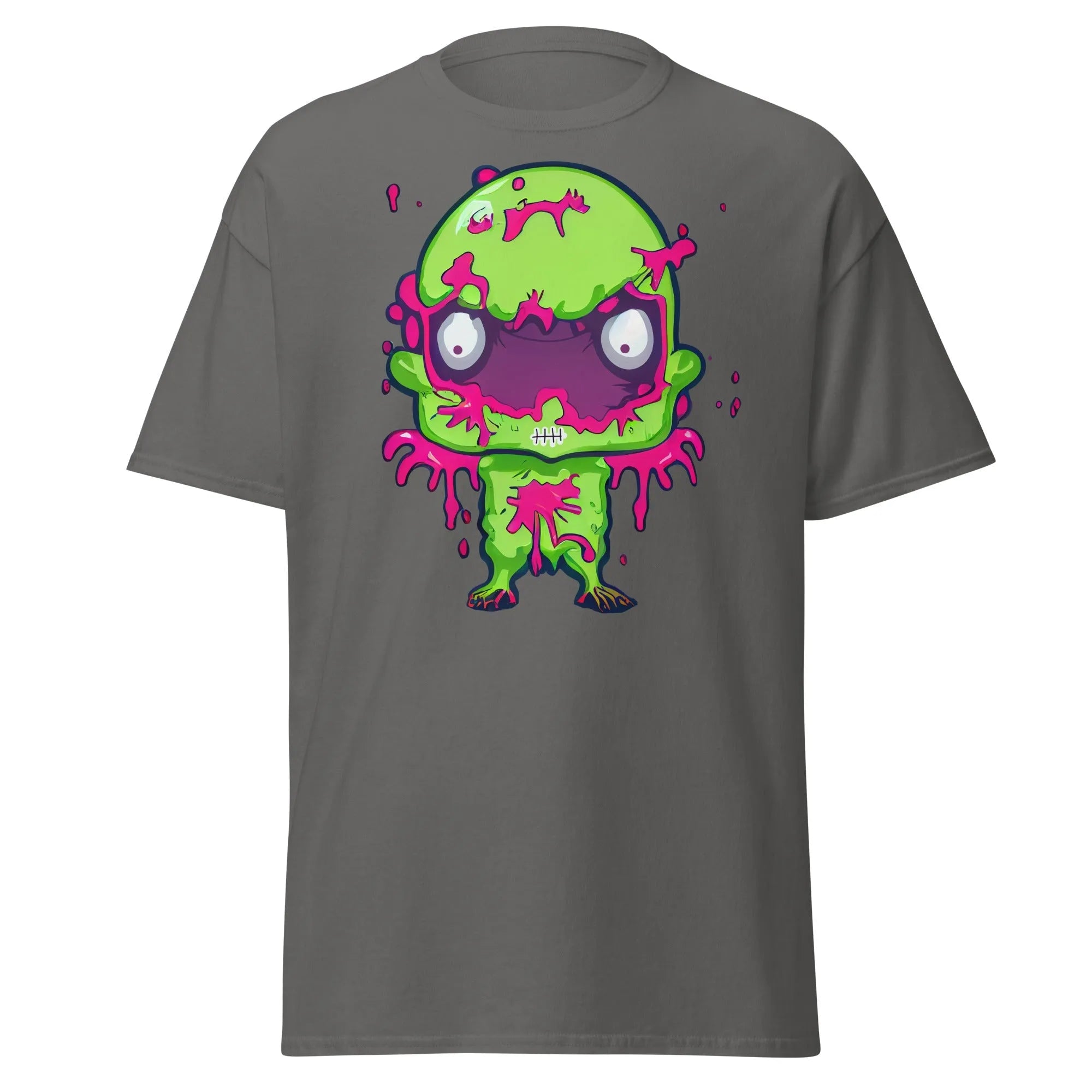 Slopster charcoal Halloween T-shirt featuring a green zombie with big eyes, and pink slime dripping from its head, arms, and body.