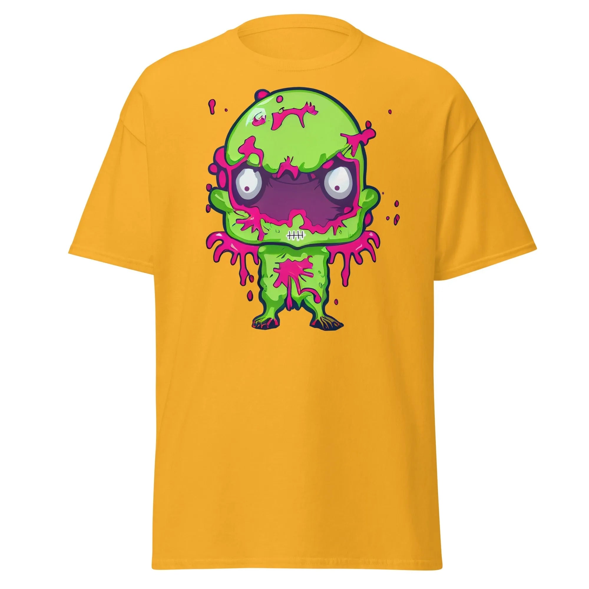 Slopster gold Halloween T-shirt featuring a green zombie with big eyes, and pink slime dripping from its head, arms, and body.