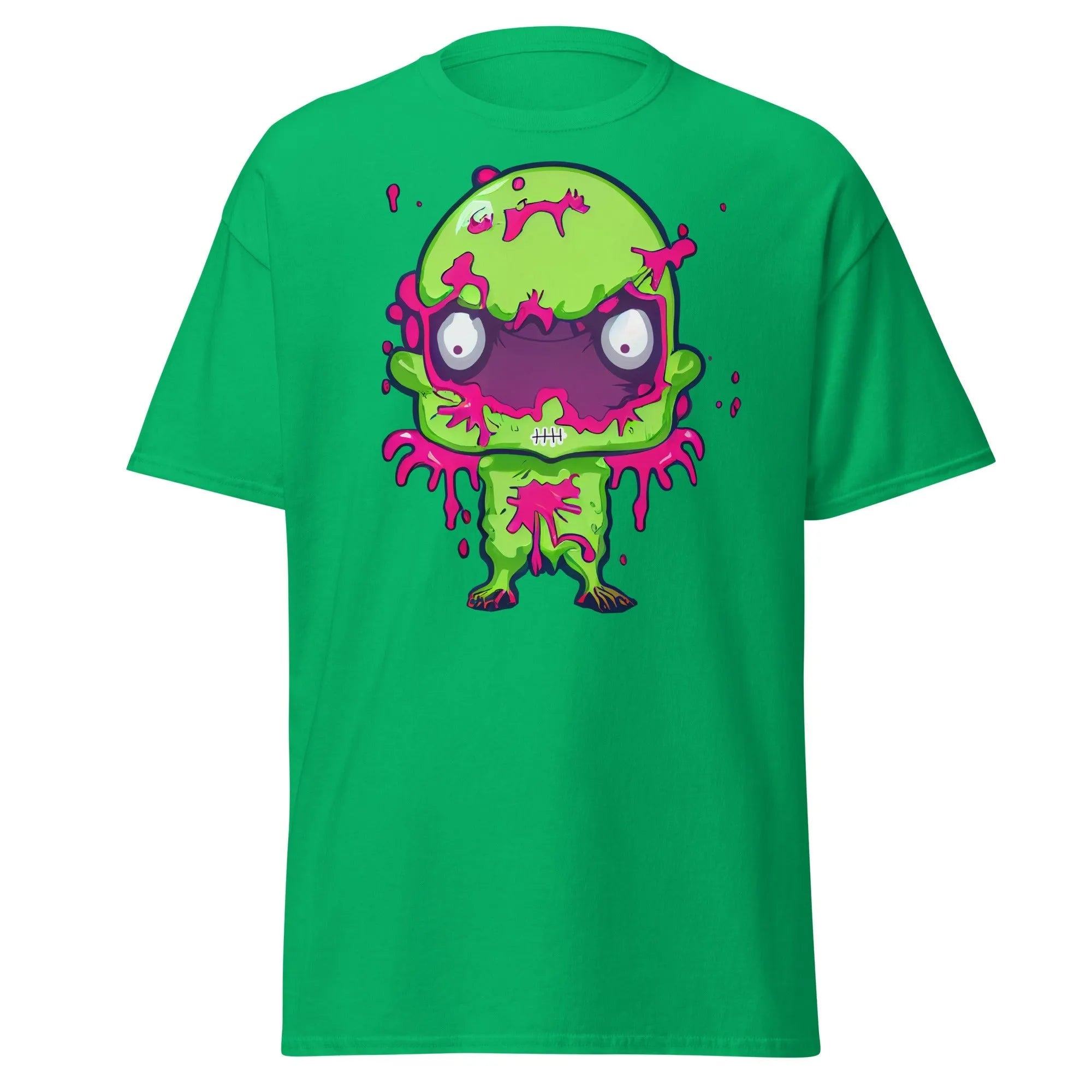 Slopster green Halloween T-shirt featuring a green zombie with big eyes, and pink slime dripping from its head, arms, and body.