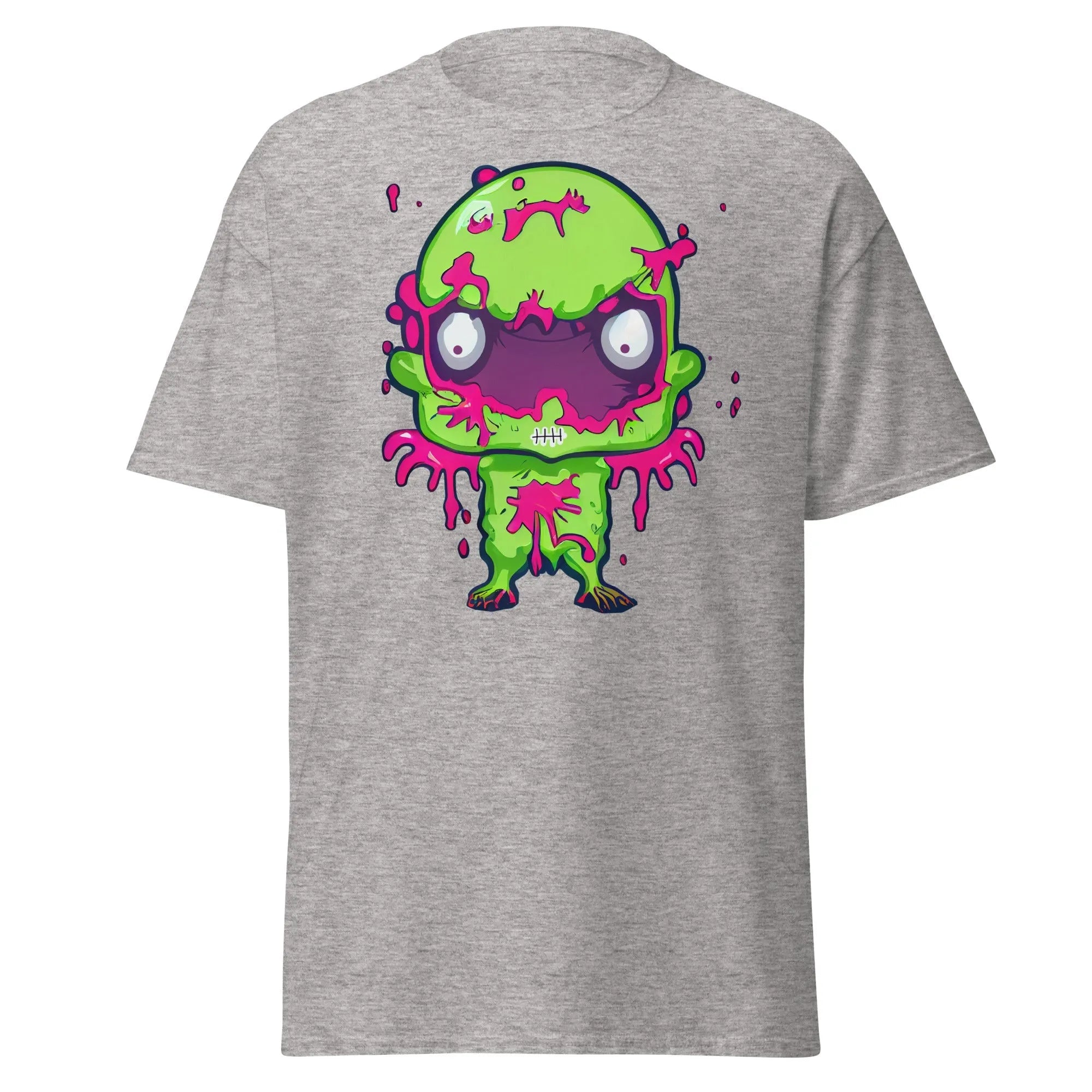 Slopster grey Halloween T-shirt featuring a green zombie with big eyes, and pink slime dripping from its head, arms, and body.