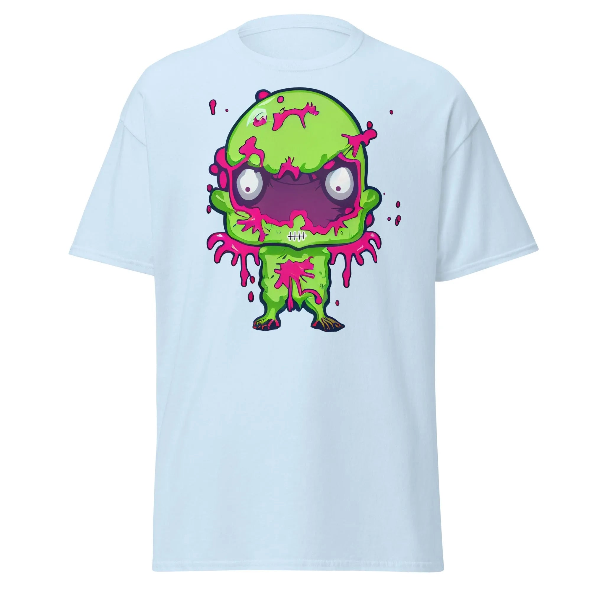 Slopster light blue Halloween T-shirt featuring a green zombie with big eyes, and pink slime dripping from its head, arms, and body.