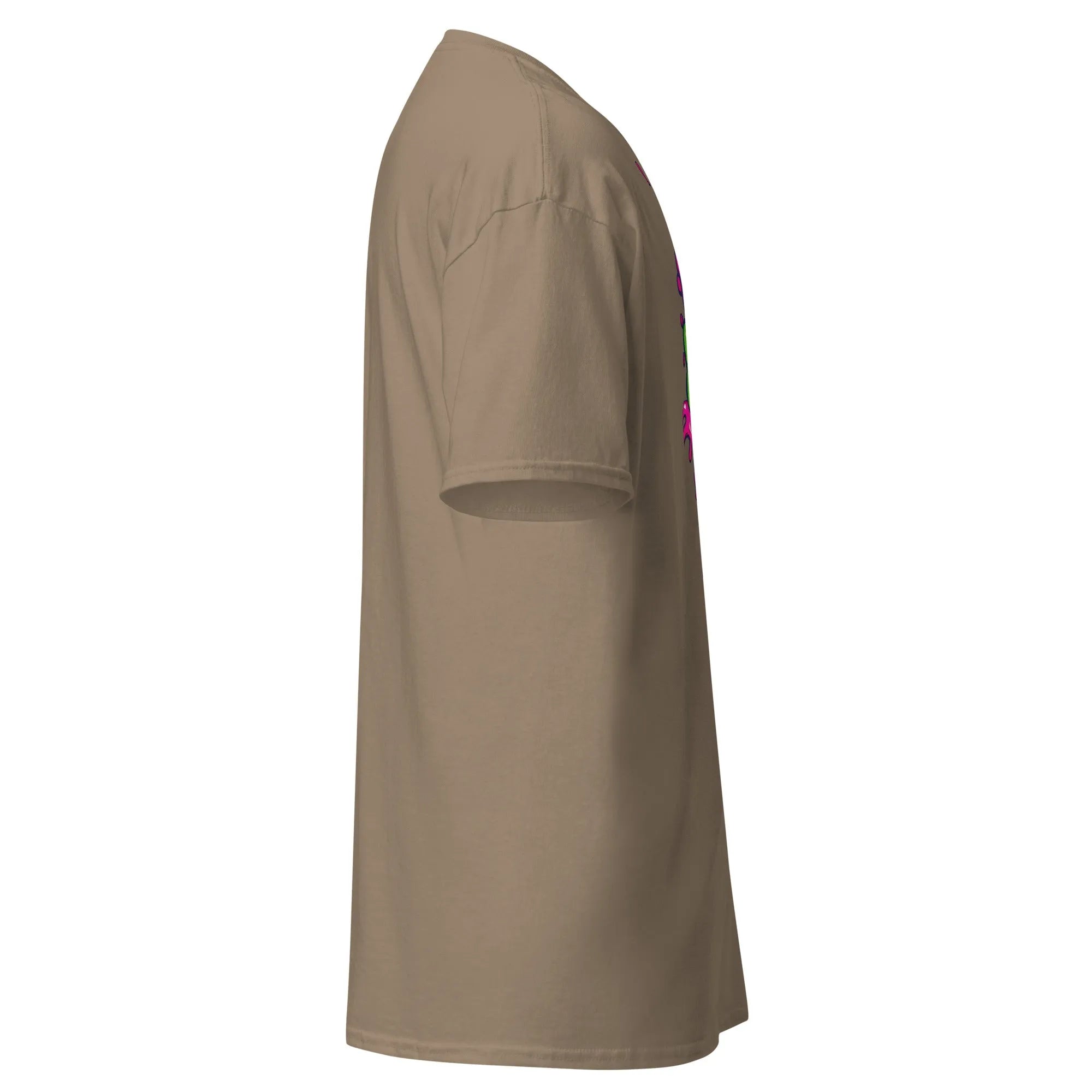Side view of the Slopster brown Halloween T-shirt, plain design with short sleeves.