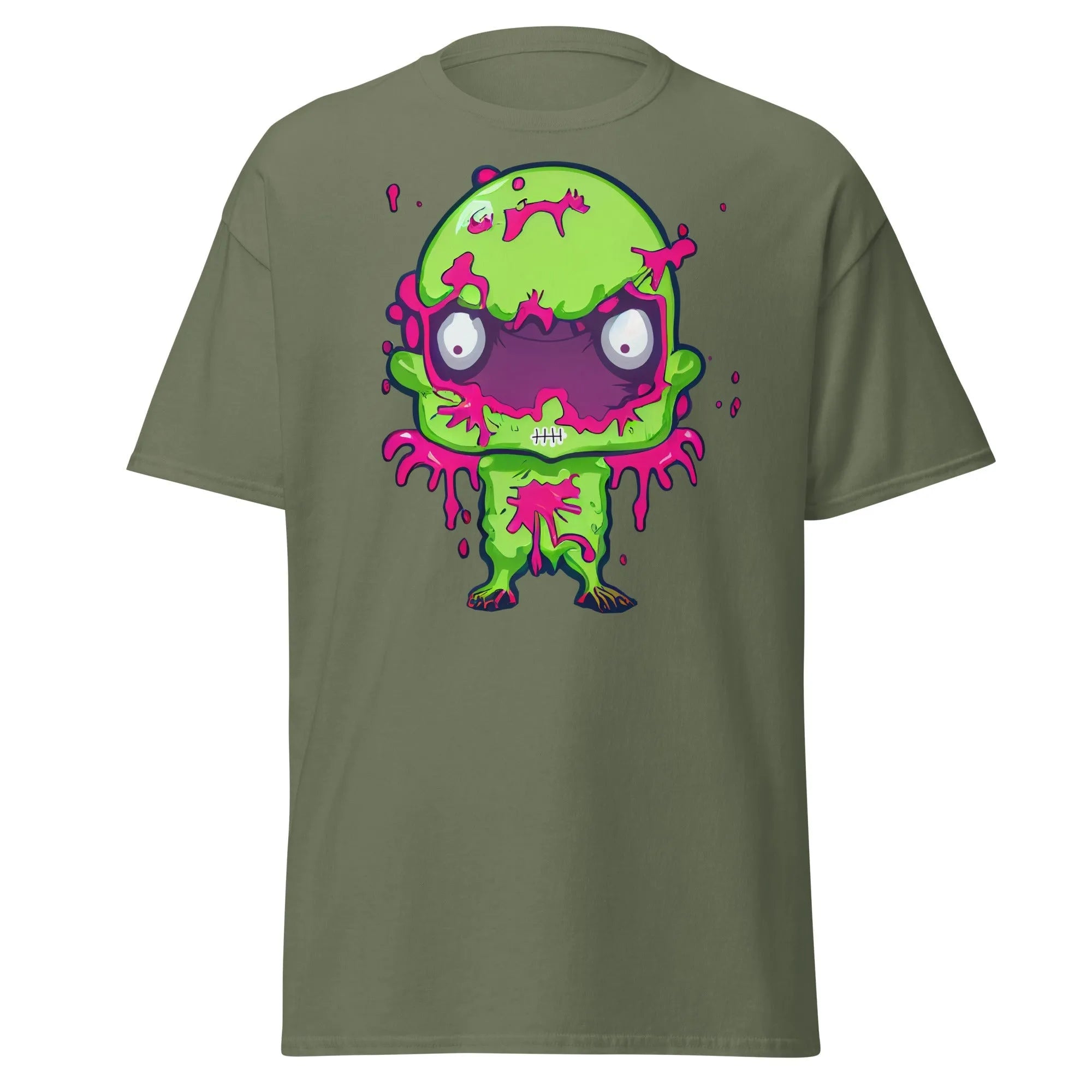Slopster military green Halloween T-shirt featuring a green zombie with big eyes, and pink slime dripping from its head, arms, and body.