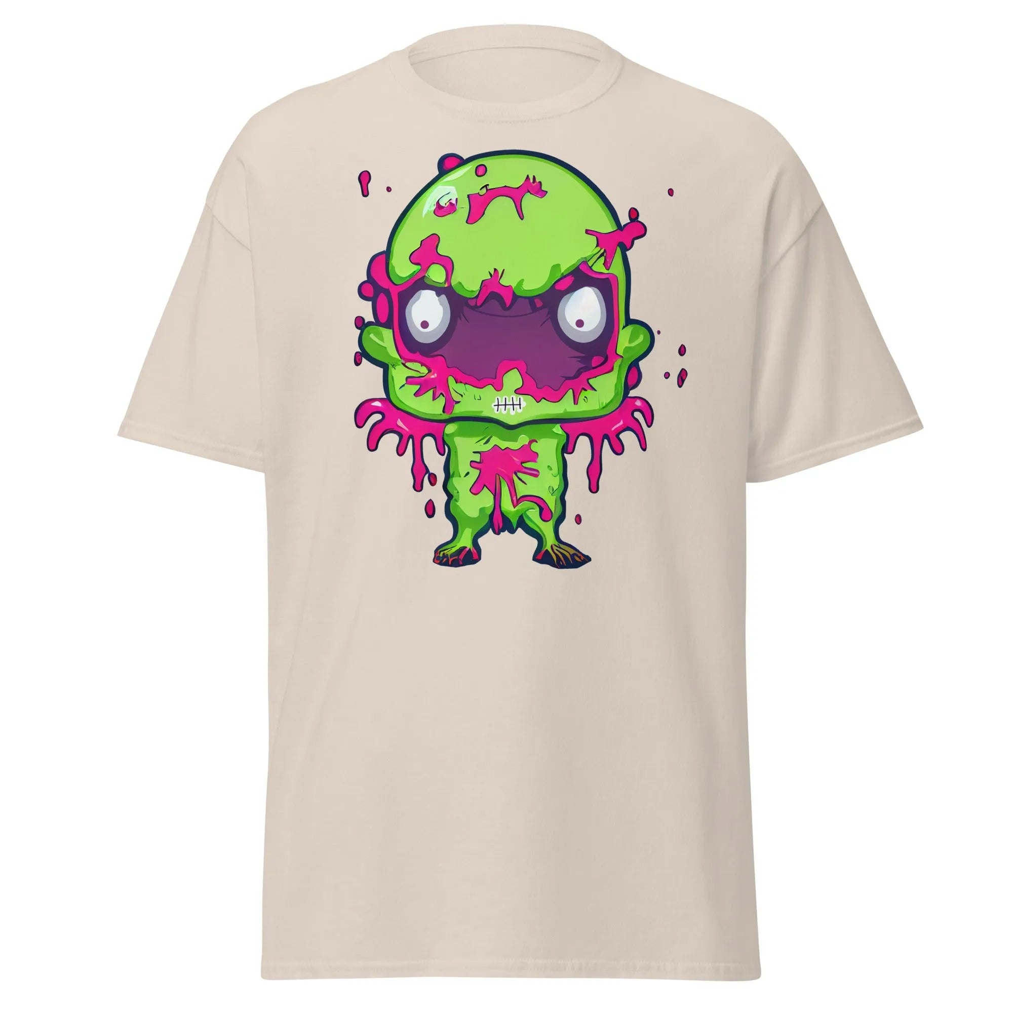 Slopster natural Halloween T-shirt featuring a green zombie with big eyes, and pink slime dripping from its head, arms, and body.