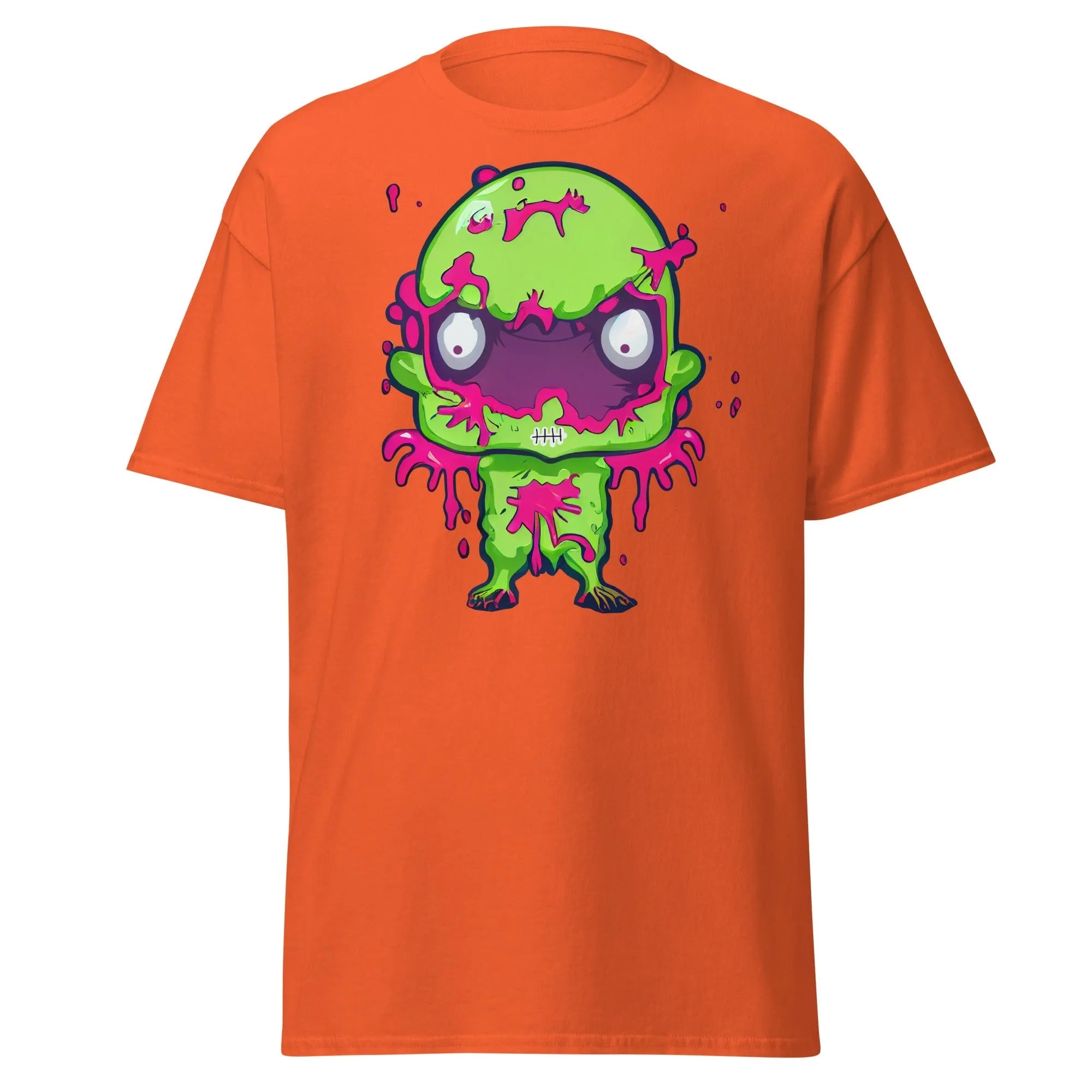 Slopster orange Halloween T-shirt featuring a green zombie with big eyes, and pink slime dripping from its head, arms, and body.