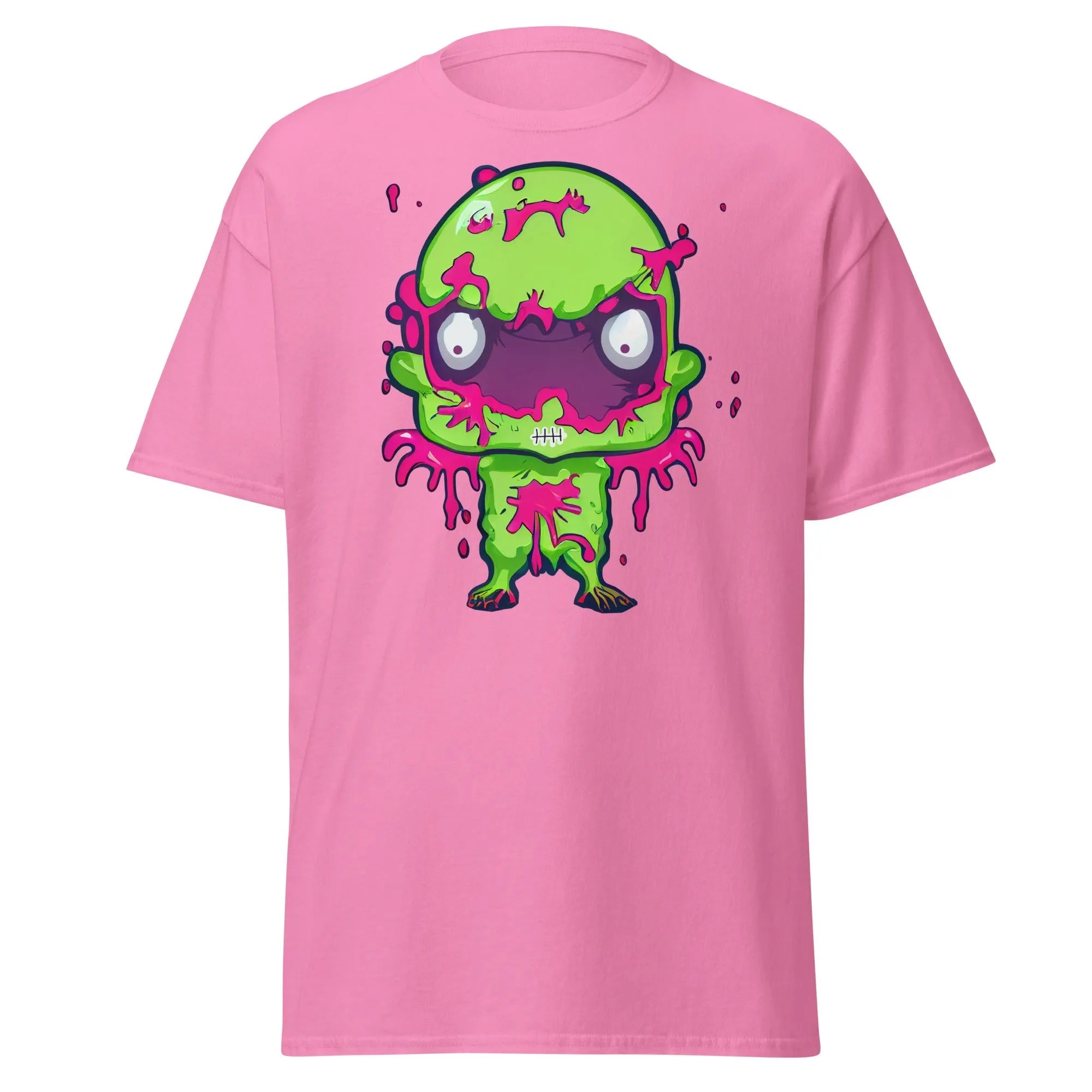 Slopster pink Halloween T-shirt featuring a green zombie with big eyes, and pink slime dripping from its head, arms, and body.