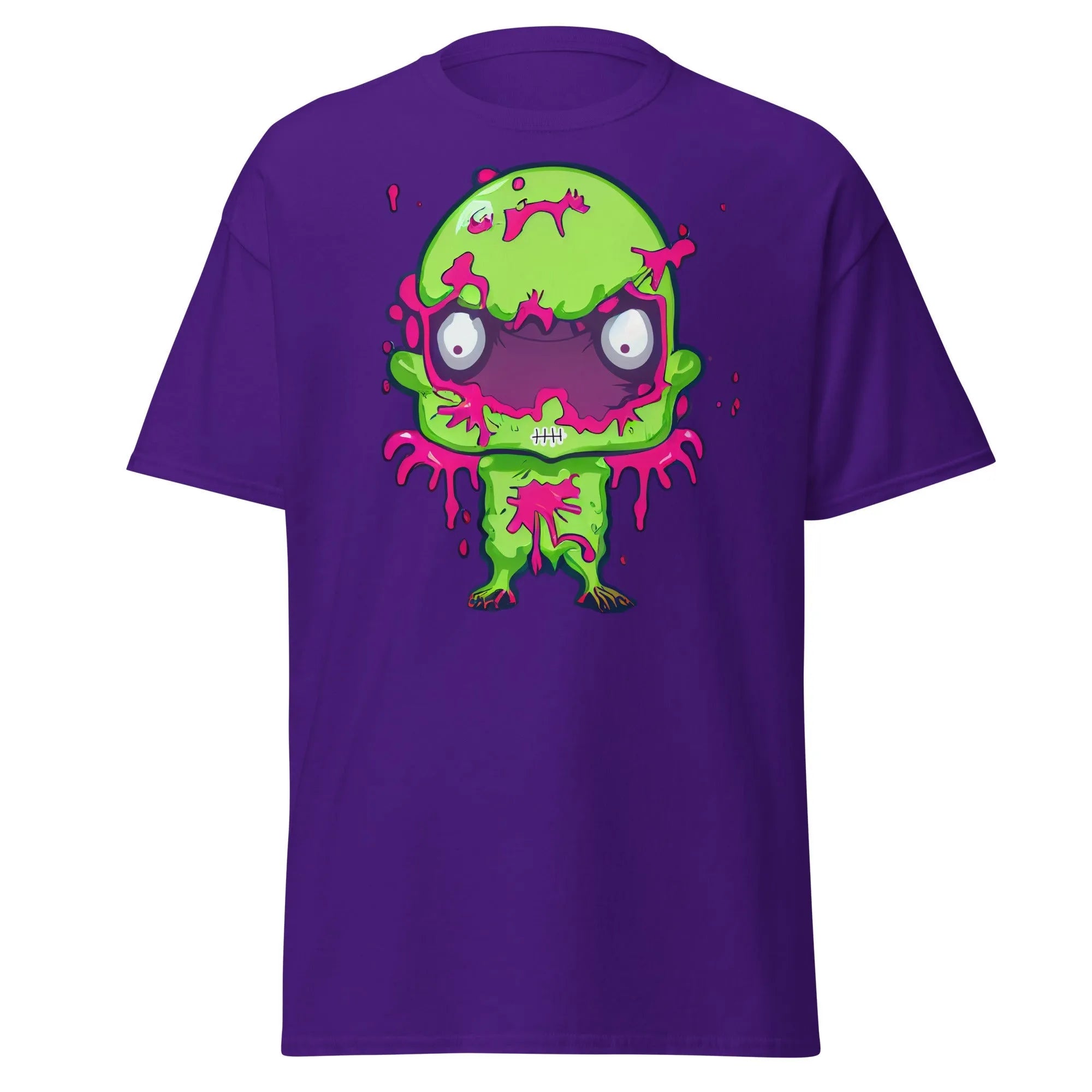 Slopster purple Halloween T-shirt featuring a green zombie with big eyes, and pink slime dripping from its head, arms, and body.