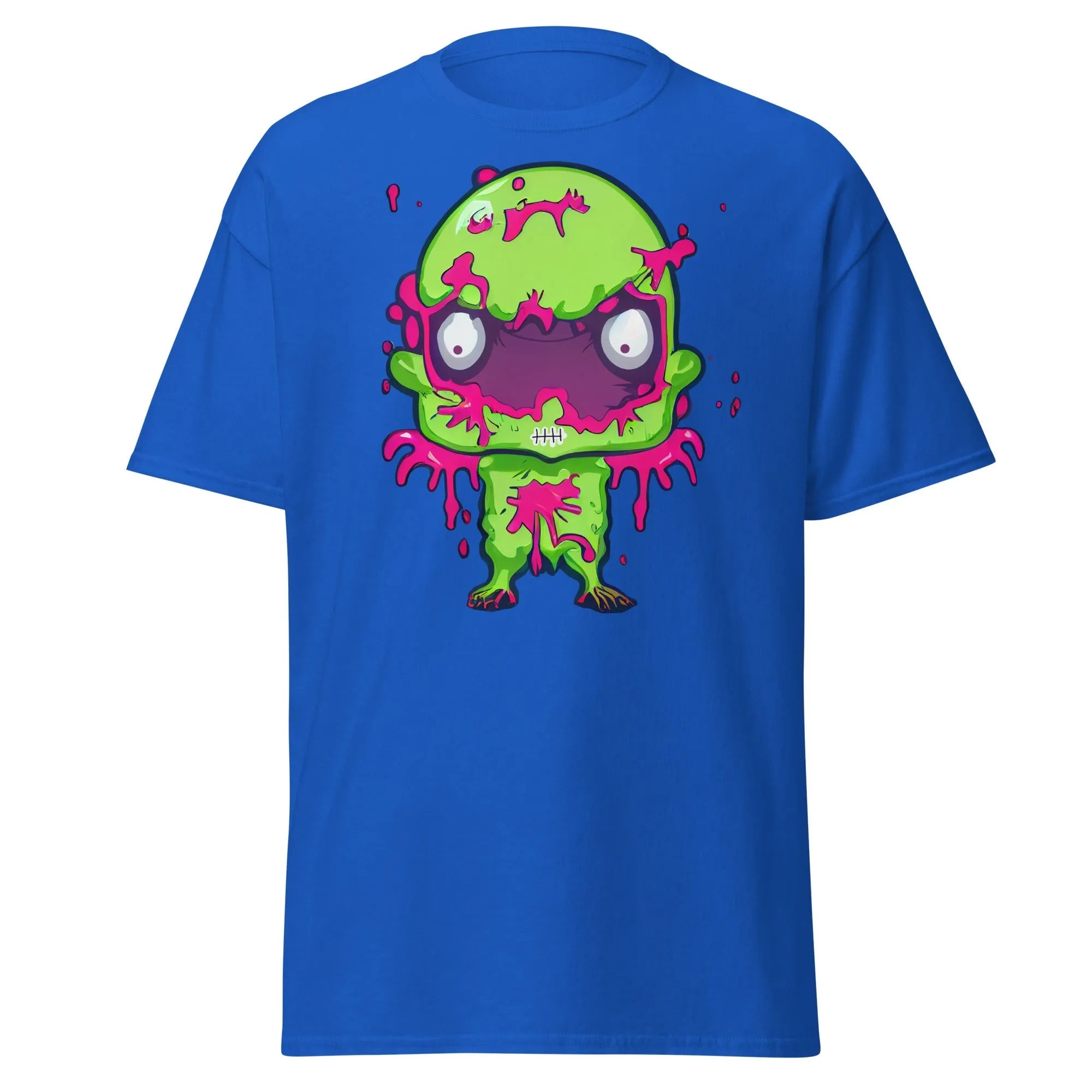 Slopster royal blue Halloween T-shirt featuring a green zombie with big eyes, and pink slime dripping from its head, arms, and body.