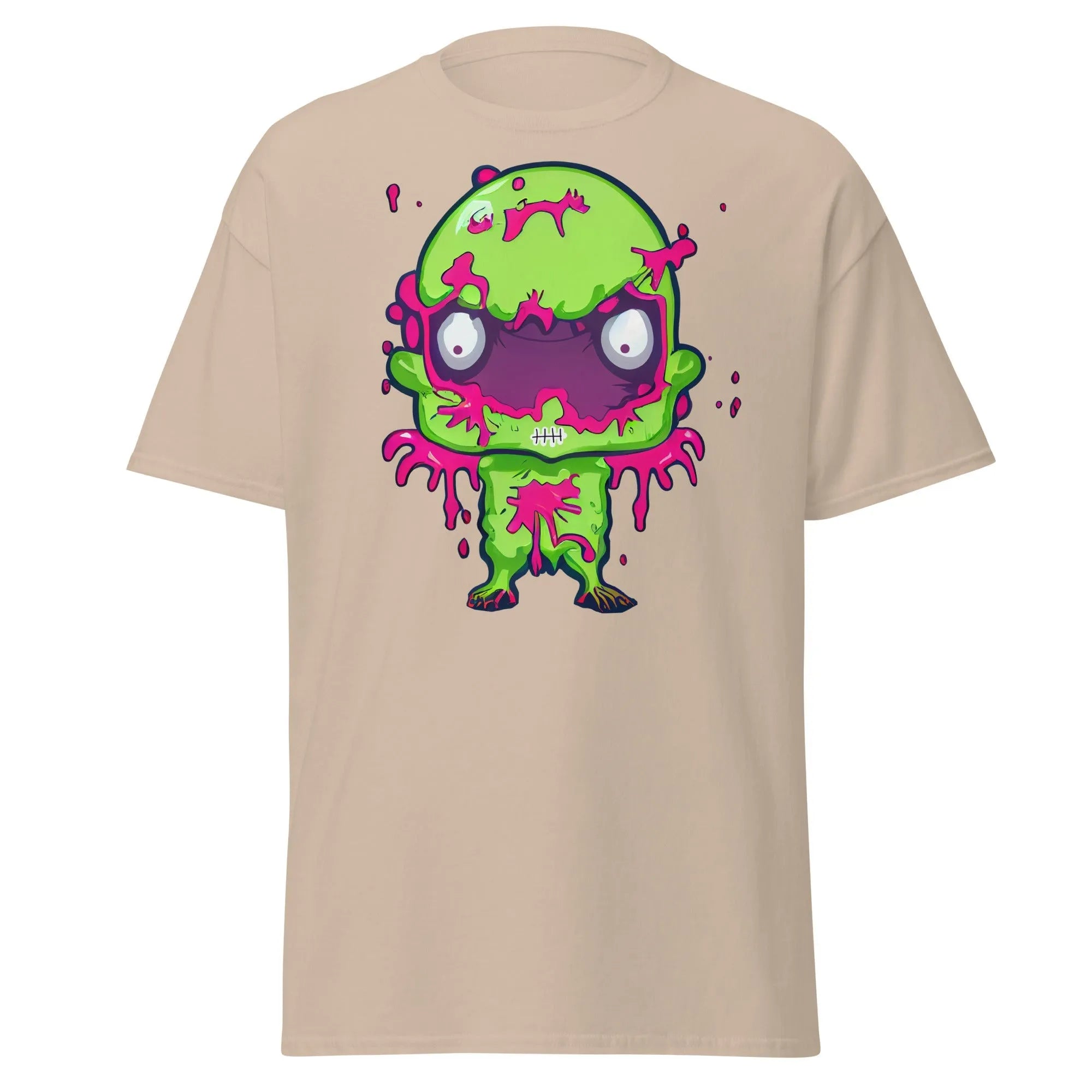 Slopster sand Halloween T-shirt featuring a green zombie with big eyes, and pink slime dripping from its head, arms, and body.