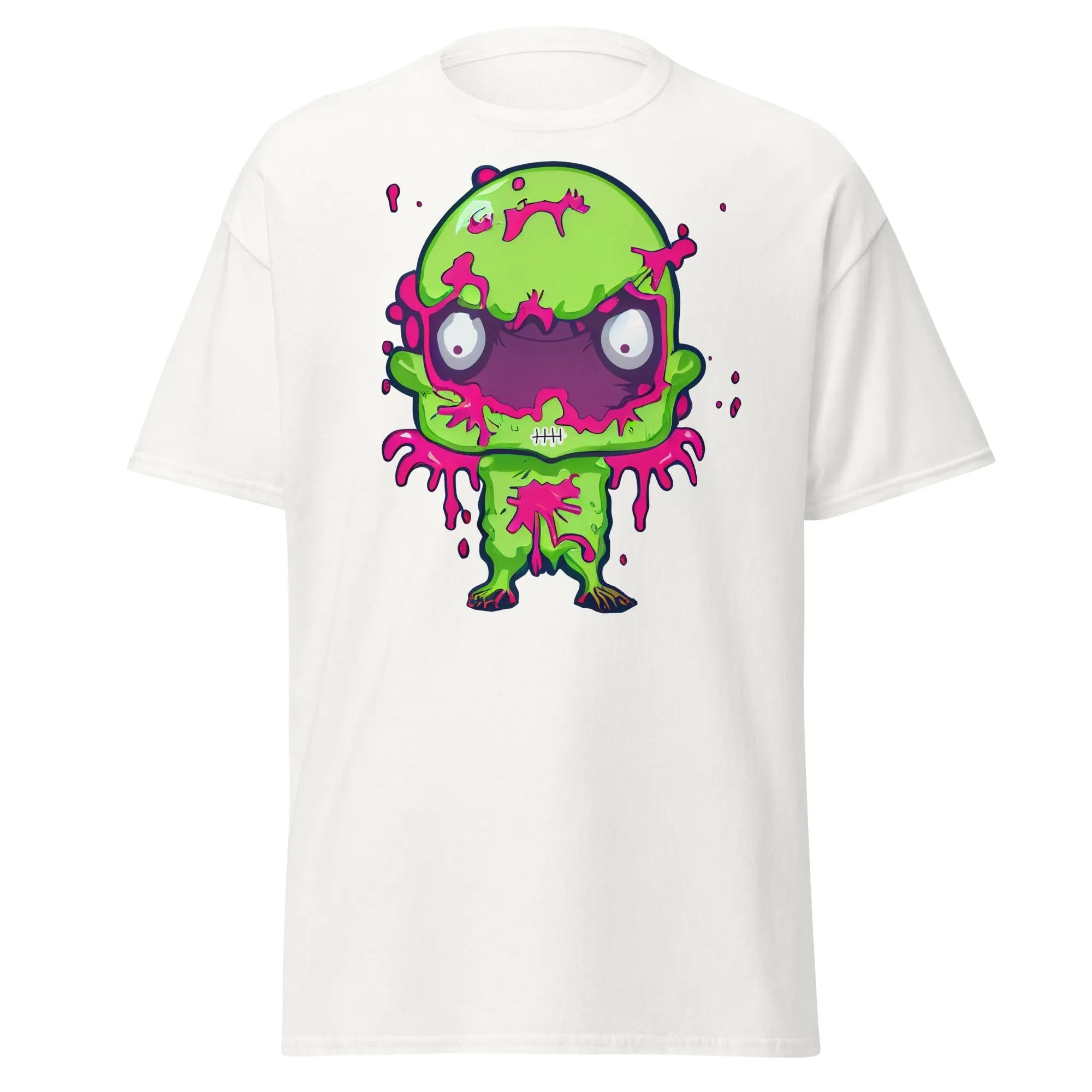 Slopster white Halloween T-shirt featuring a green zombie with big eyes, and pink slime dripping from its head, arms, and body.