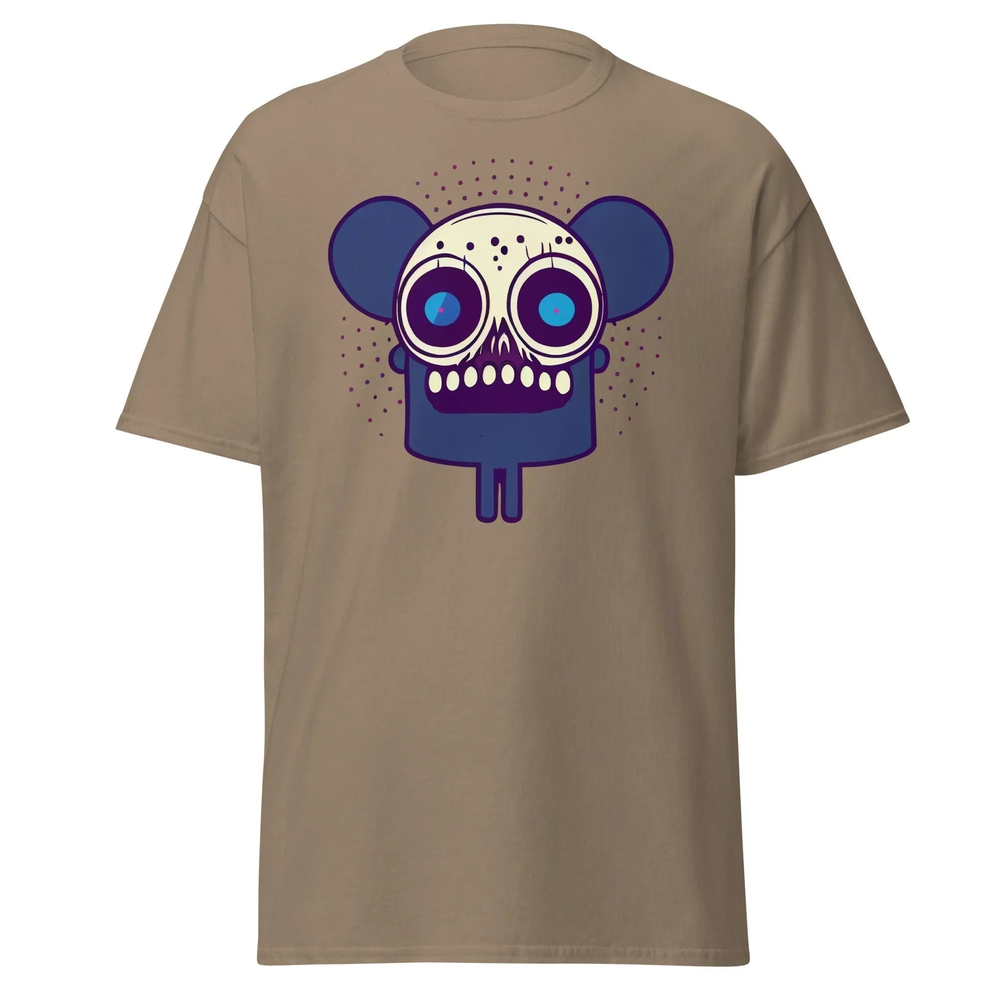 Spooky Mouse brown Halloween T-shirt featuring a zombie mouse with big ears and dotted patterns around the head.