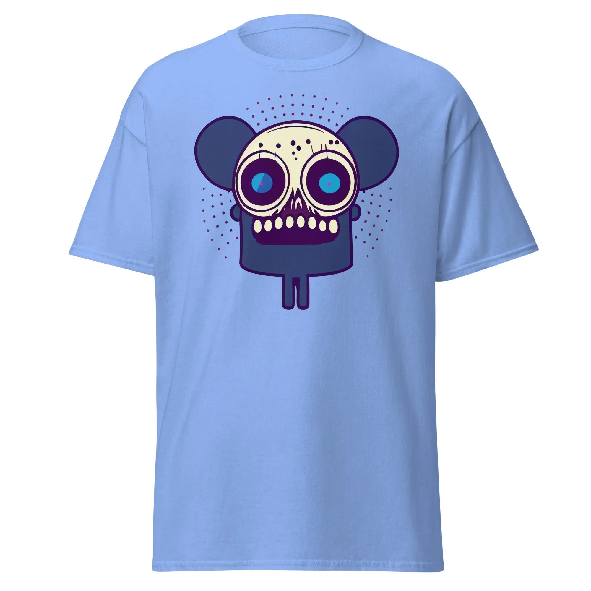 Spooky Mouse carolina blue Halloween T-shirt featuring a zombie mouse with big ears and dotted patterns around the head.