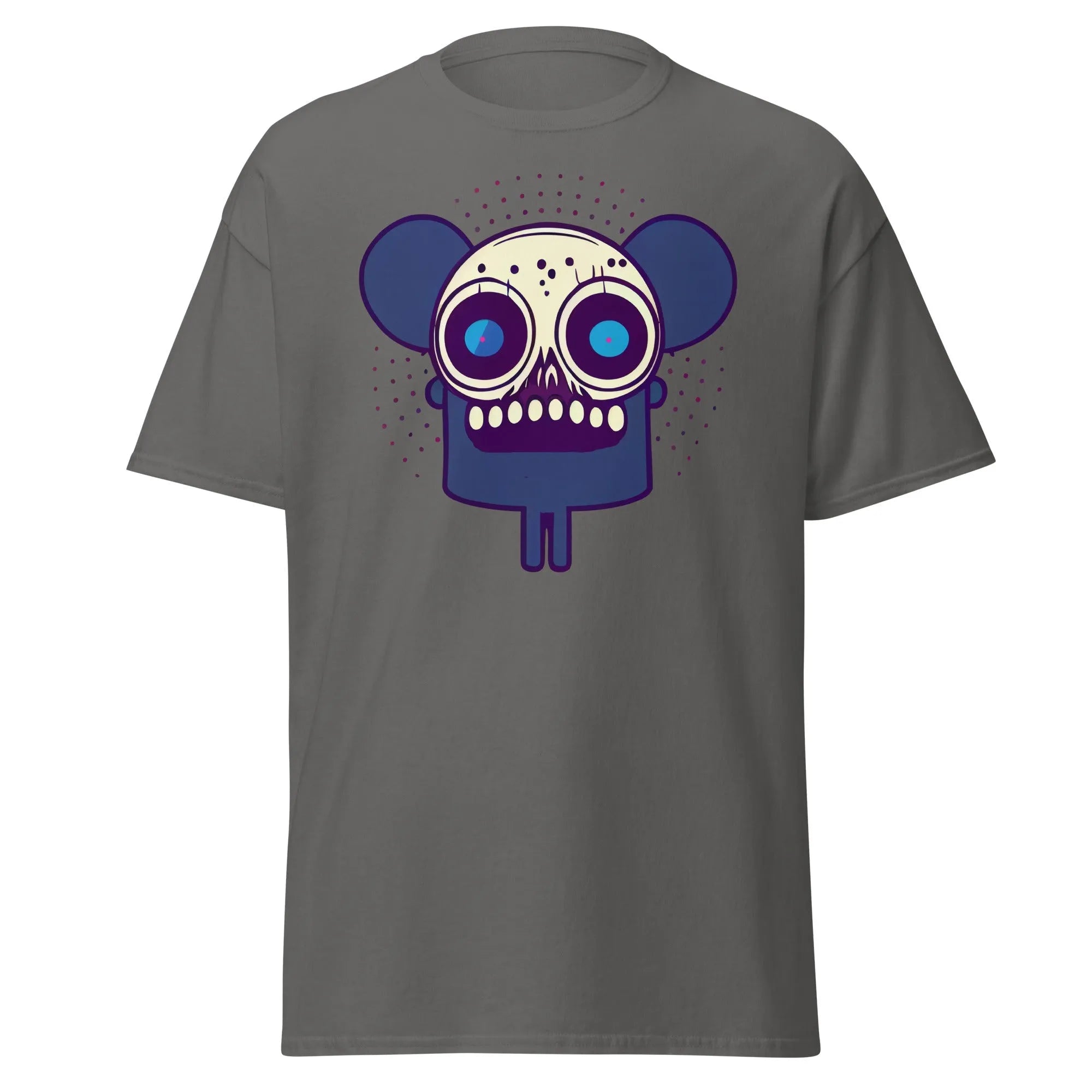 Spooky Mouse charcoal Halloween T-shirt featuring a zombie mouse with big ears and dotted patterns around the head.
