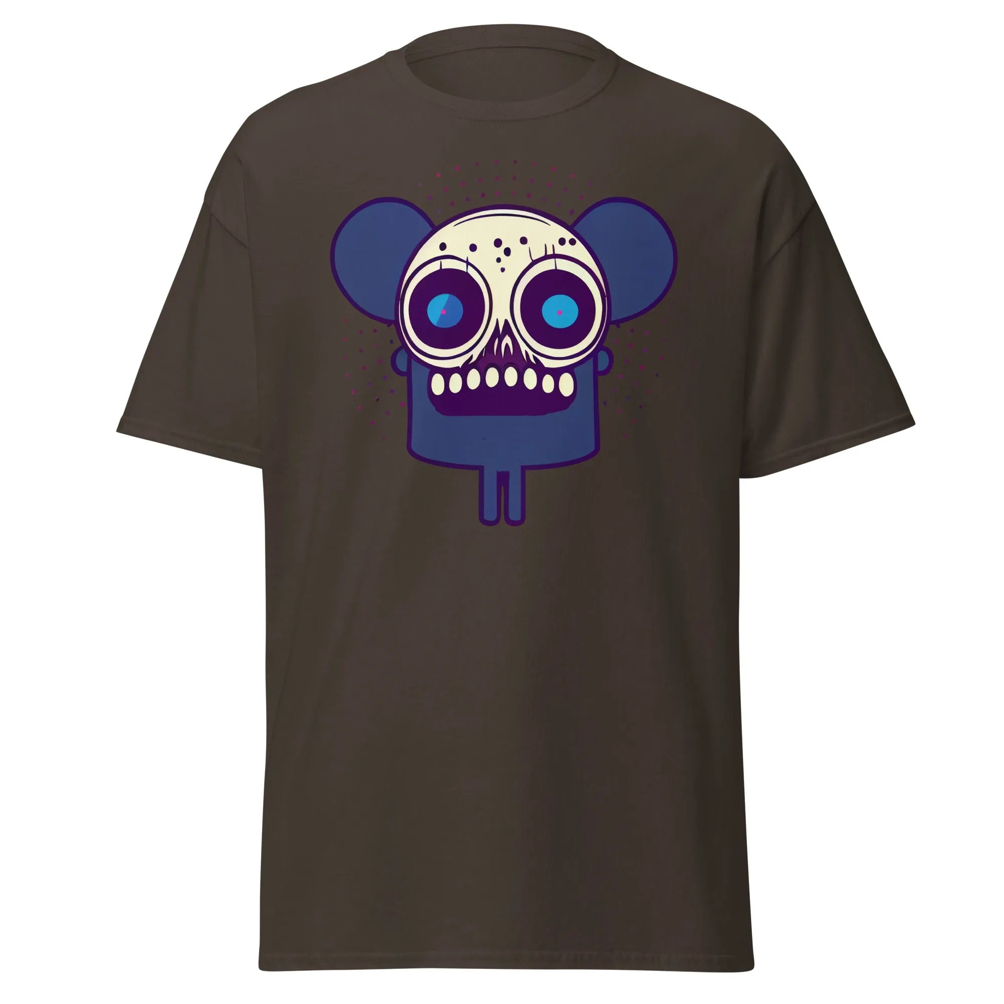 Spooky Mouse chocolate Halloween T-shirt featuring a zombie mouse with big ears and dotted patterns around the head.