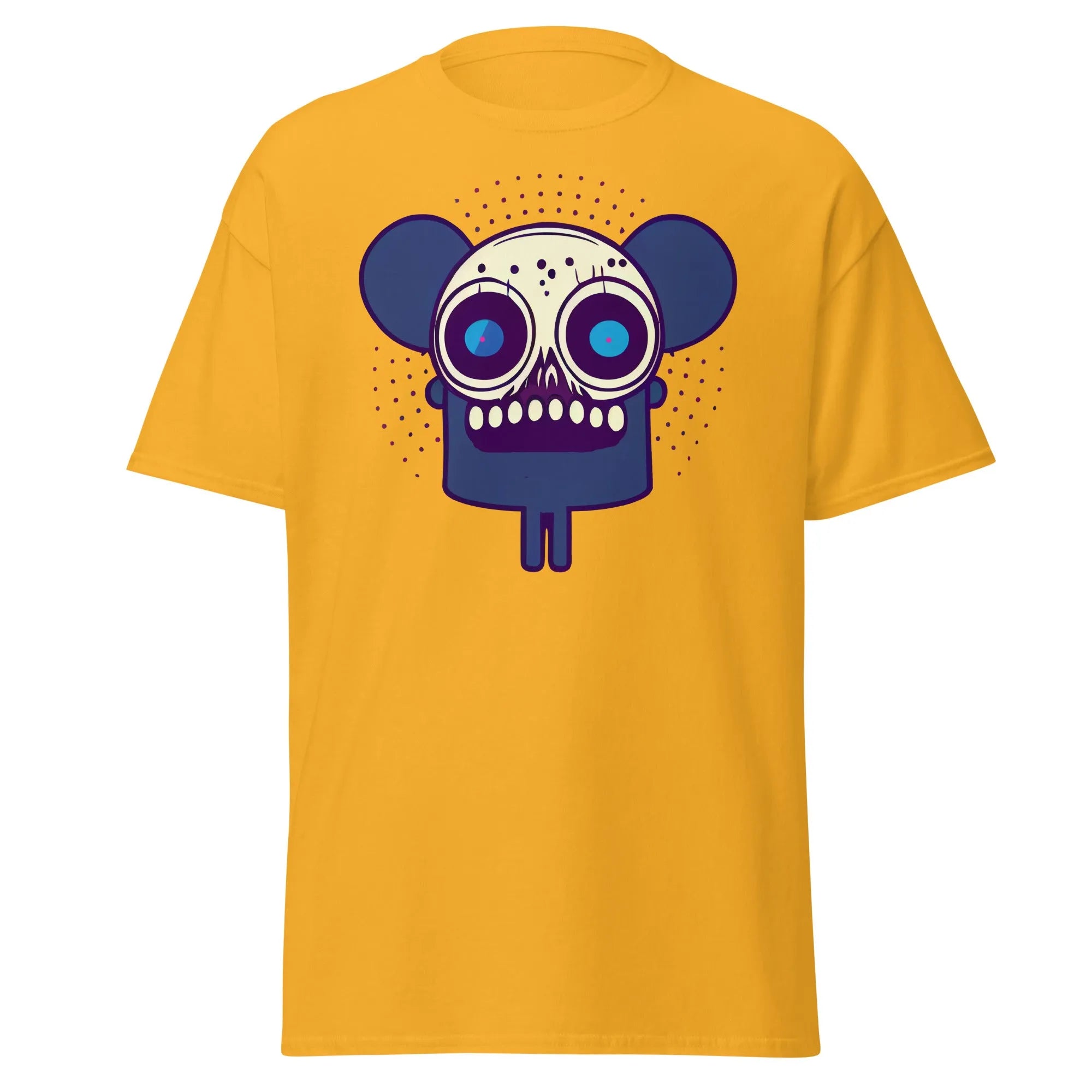 Spooky Mouse gold Halloween T-shirt featuring a zombie mouse with big ears and dotted patterns around the head.