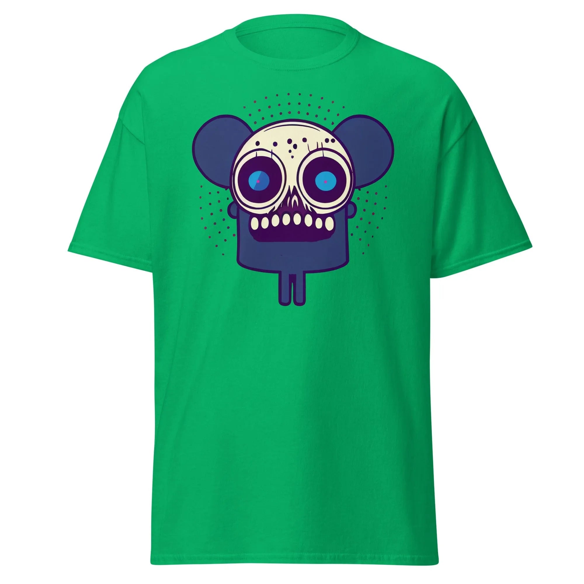 Spooky Mouse green Halloween T-shirt featuring a zombie mouse with big ears and dotted patterns around the head.