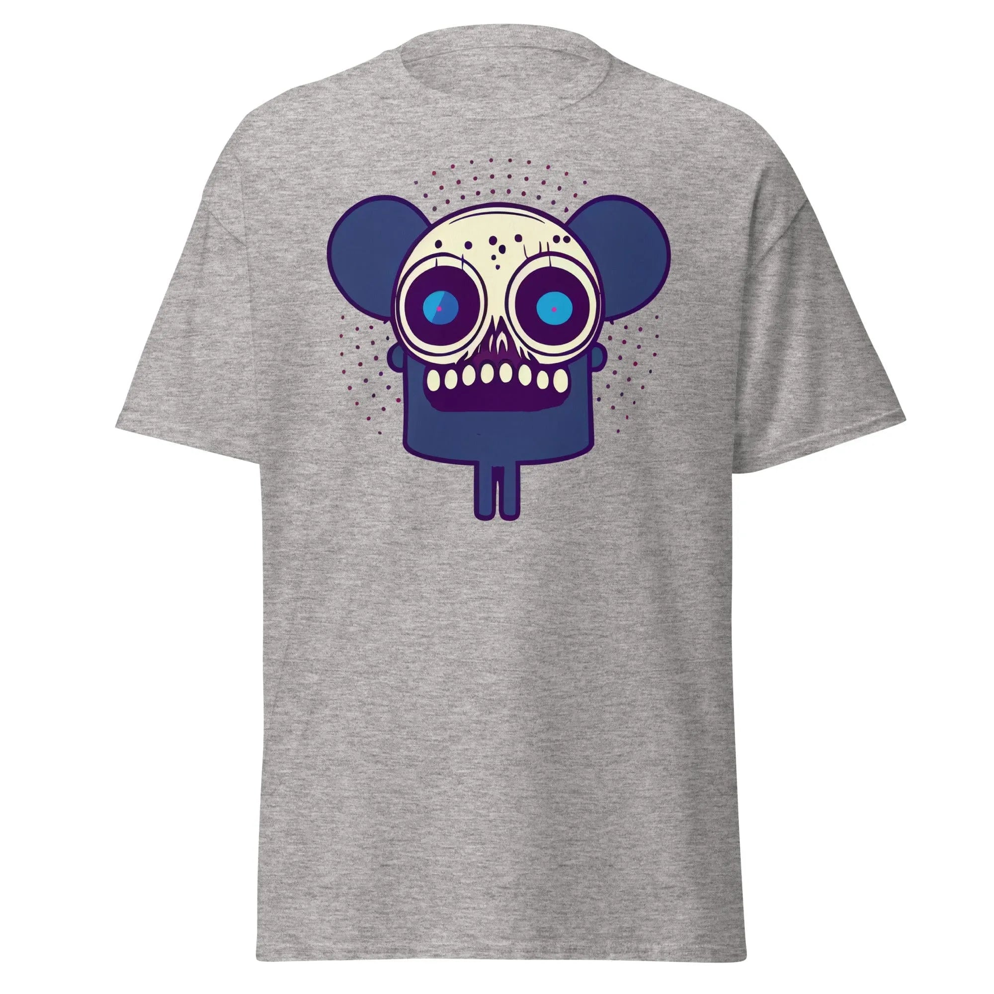 Spooky Mouse grey Halloween T-shirt featuring a zombie mouse with big ears and dotted patterns around the head.