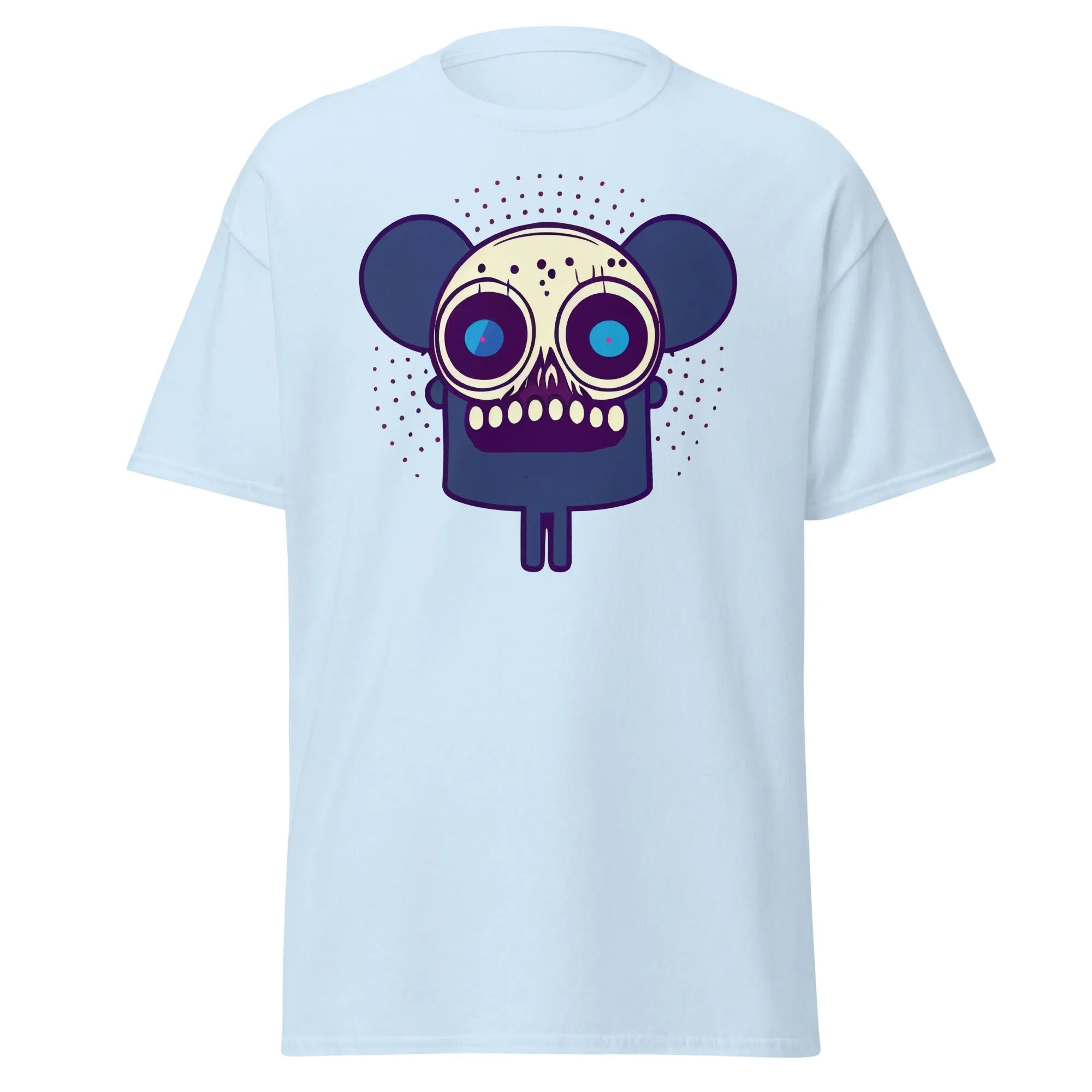 The Spooky Mouse Halloween T-Shirt by Kicks Shoelaces features a light blue color and a playful cartoon skull with big round ears, wide eyes, and dotted accents—perfect for an edgy Halloween look.