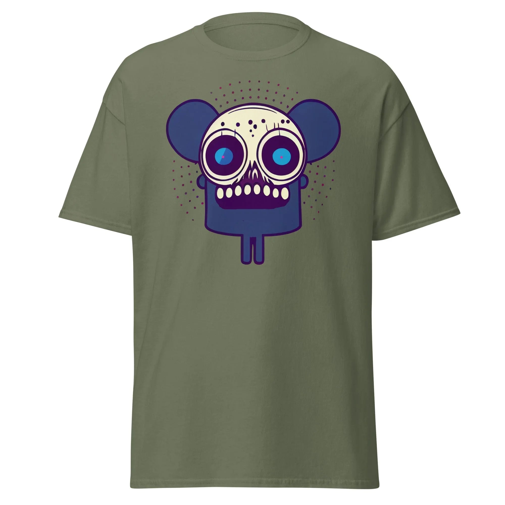 Spooky Mouse military green Halloween T-shirt featuring a zombie mouse with big ears and dotted patterns around the head.