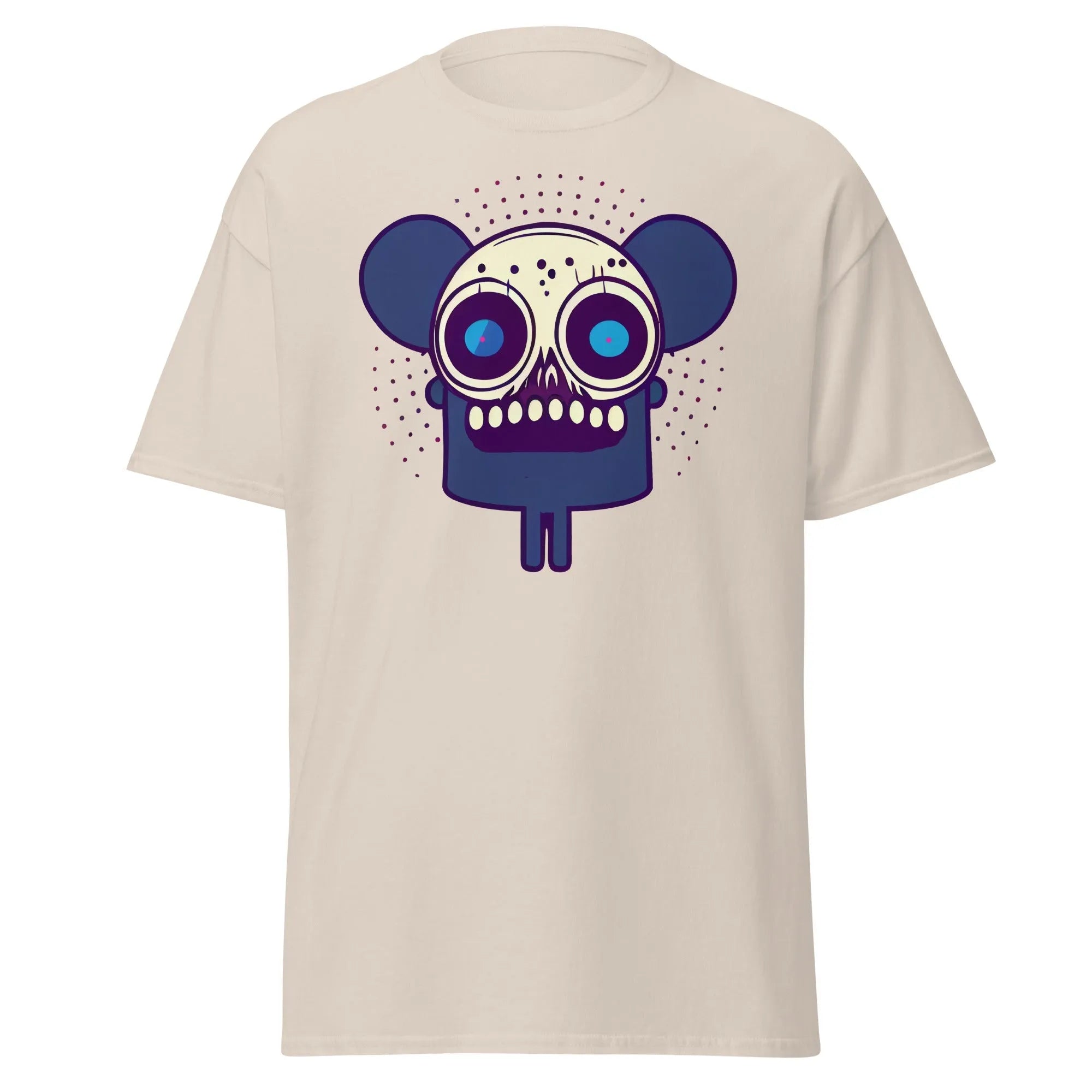 Spooky Mouse natural Halloween T-shirt featuring a zombie mouse with big ears and dotted patterns around the head.