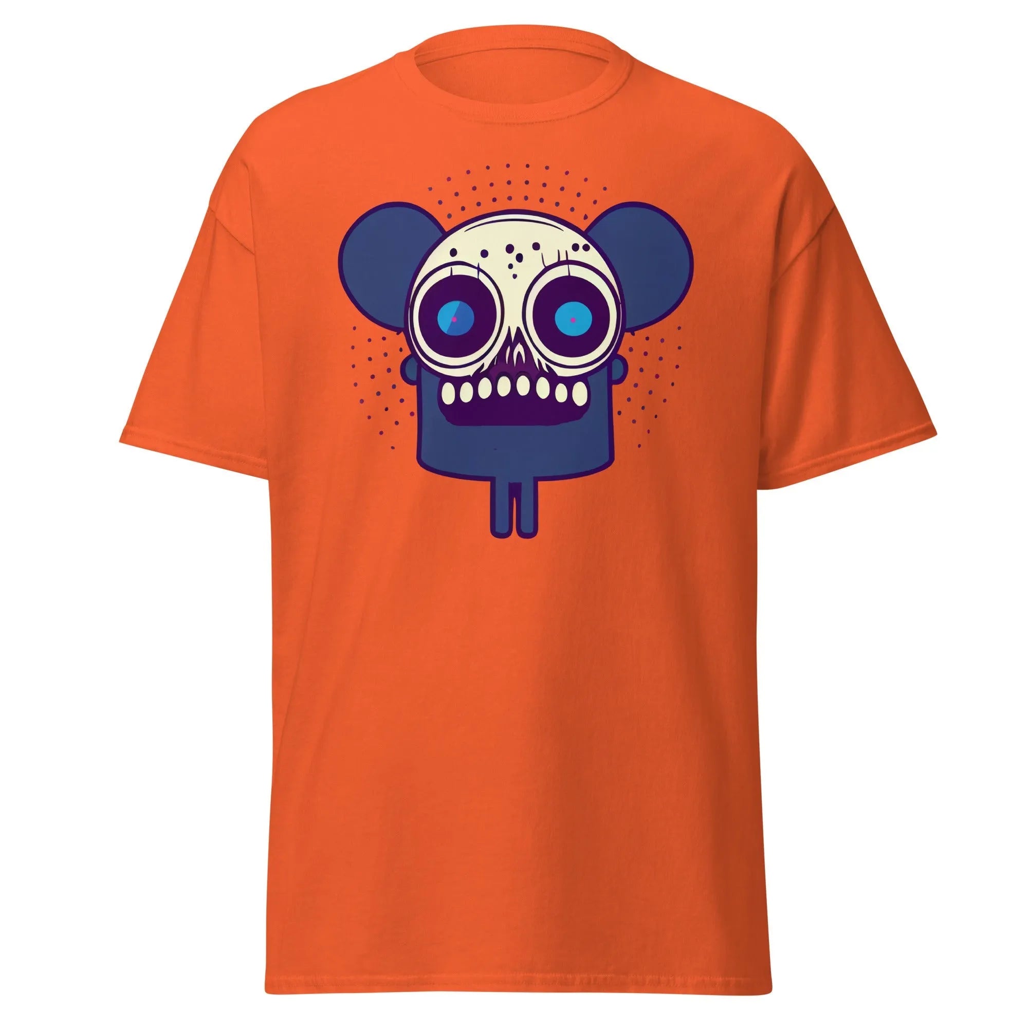 Spooky Mouse orange Halloween T-shirt featuring a zombie mouse with big ears and dotted patterns around the head.