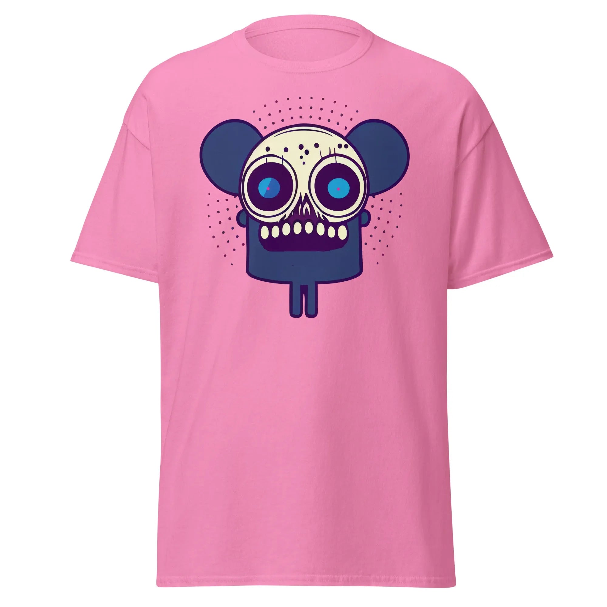 Spooky Mouse pink Halloween T-shirt featuring a zombie mouse with big ears and dotted patterns around the head.