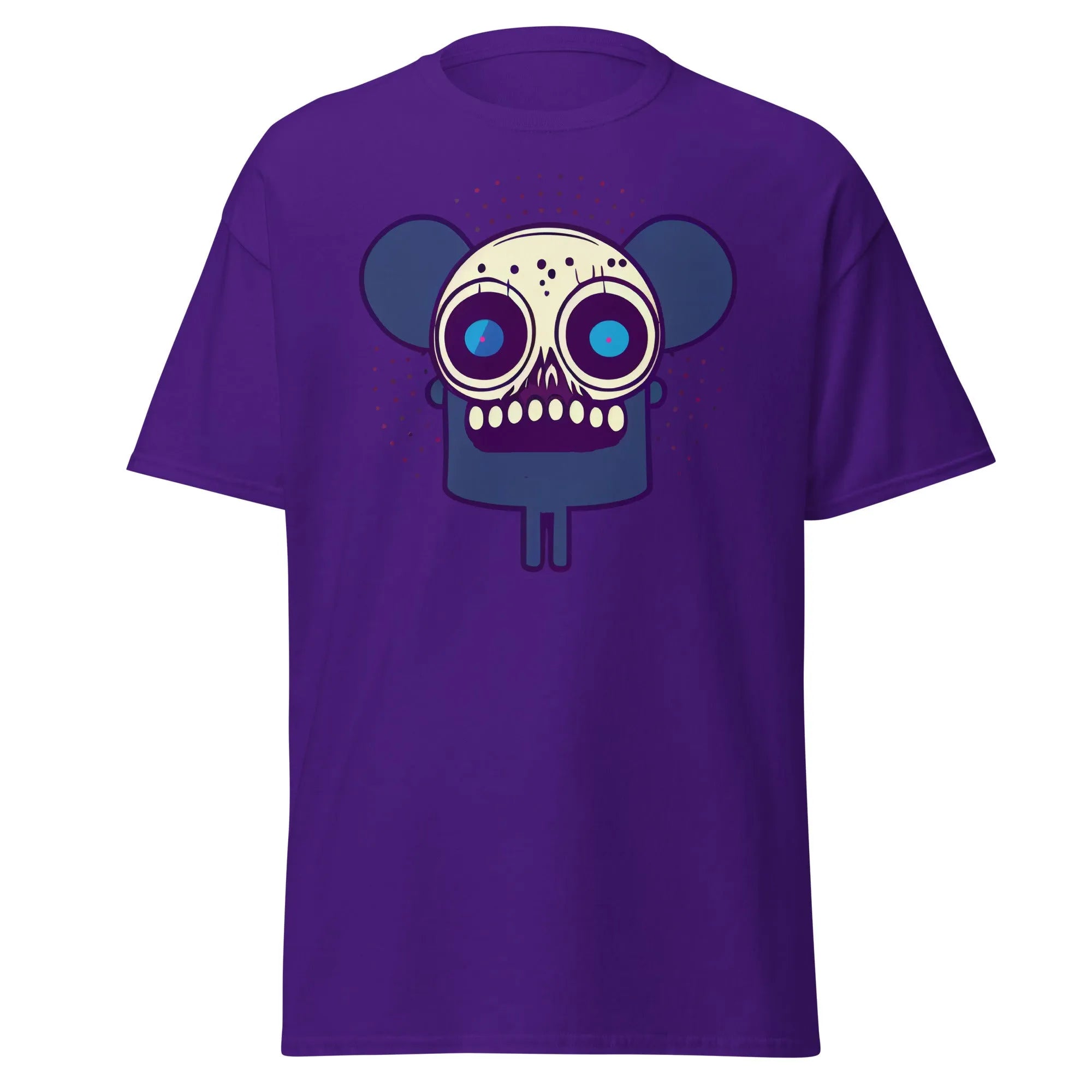 Spooky Mouse purple Halloween T-shirt featuring a zombie mouse with big ears and dotted patterns around the head.