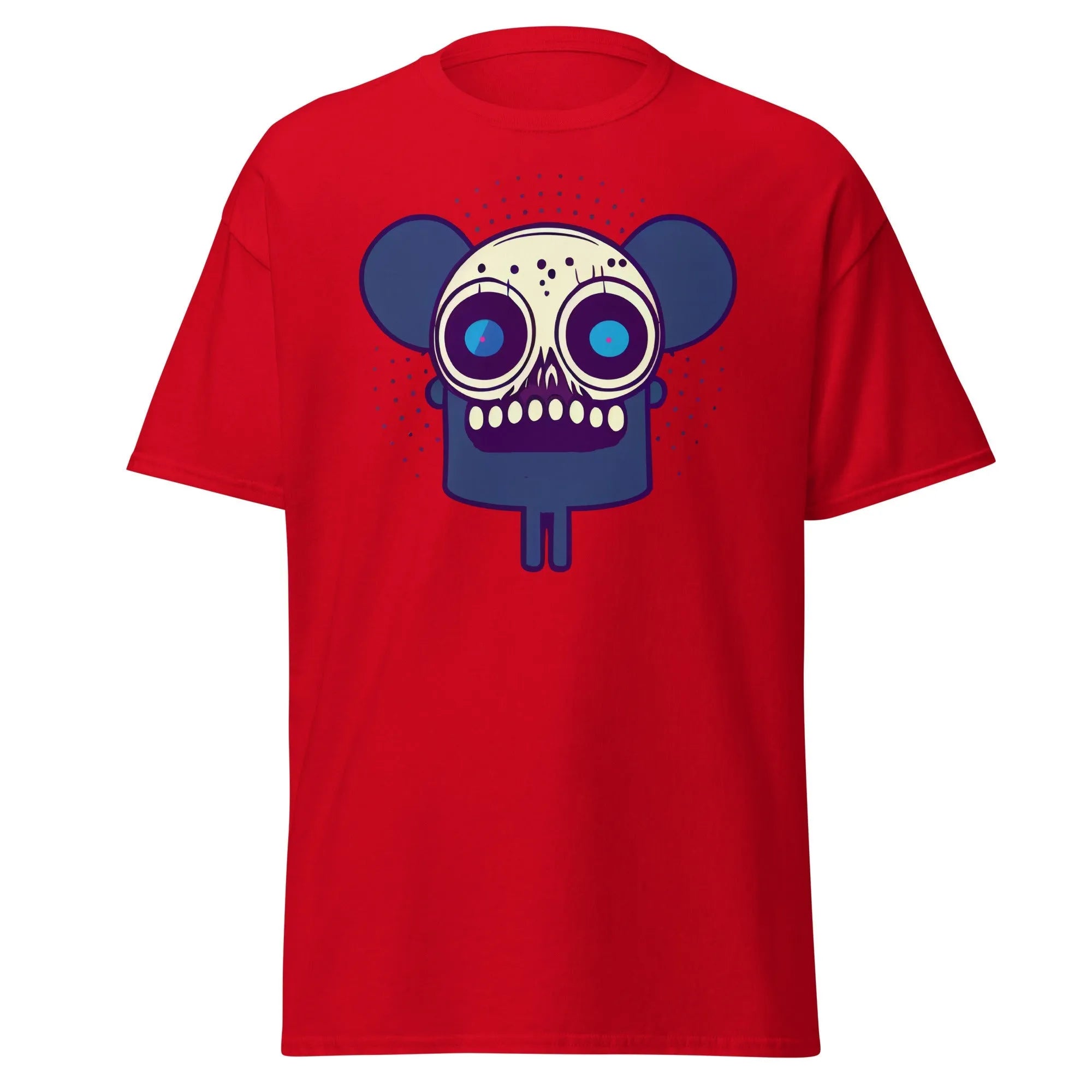 Spooky Mouse red Halloween T-shirt featuring a zombie mouse with big ears and dotted patterns around the head.