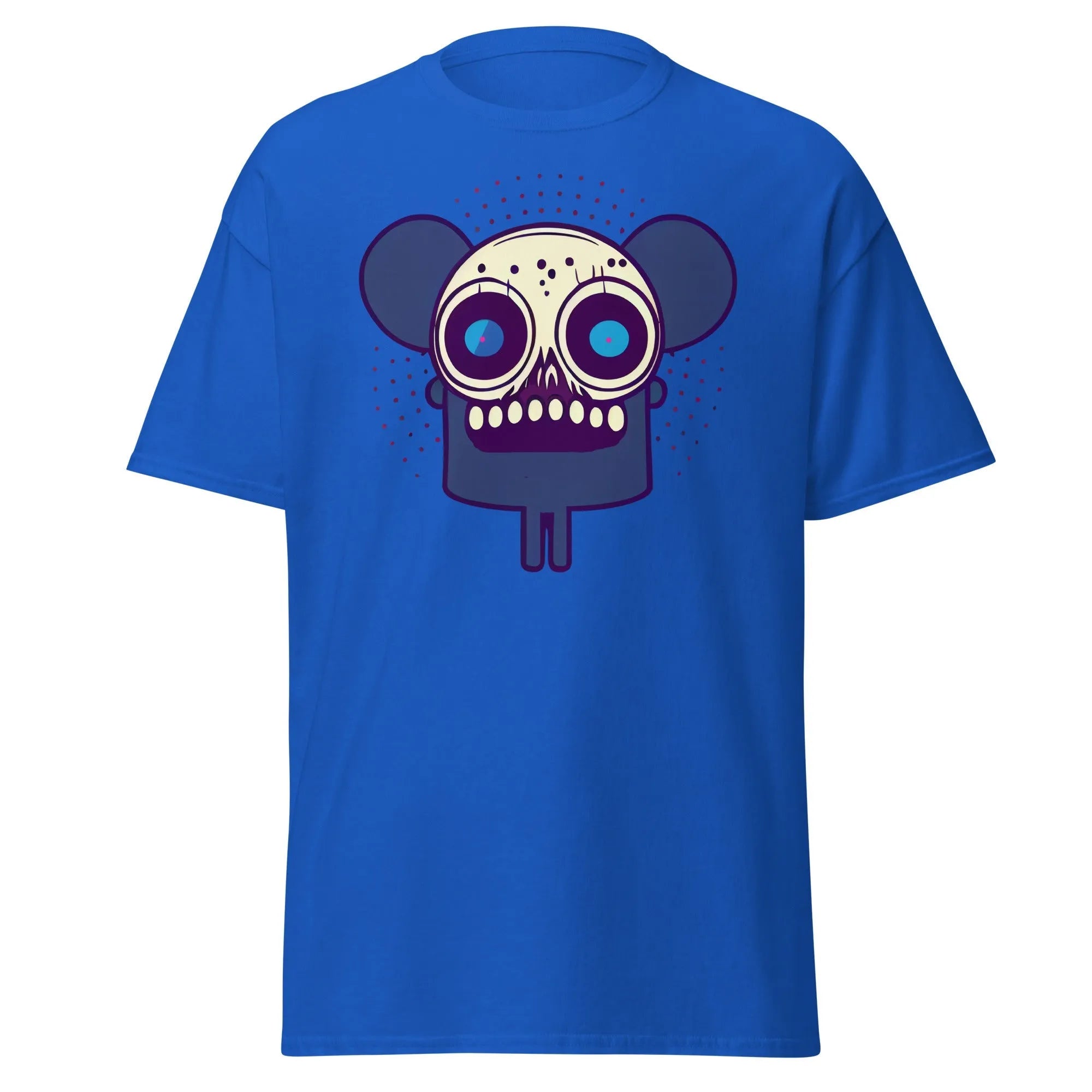 Spooky Mouse royal blue Halloween T-shirt featuring a zombie mouse with big ears and dotted patterns around the head.