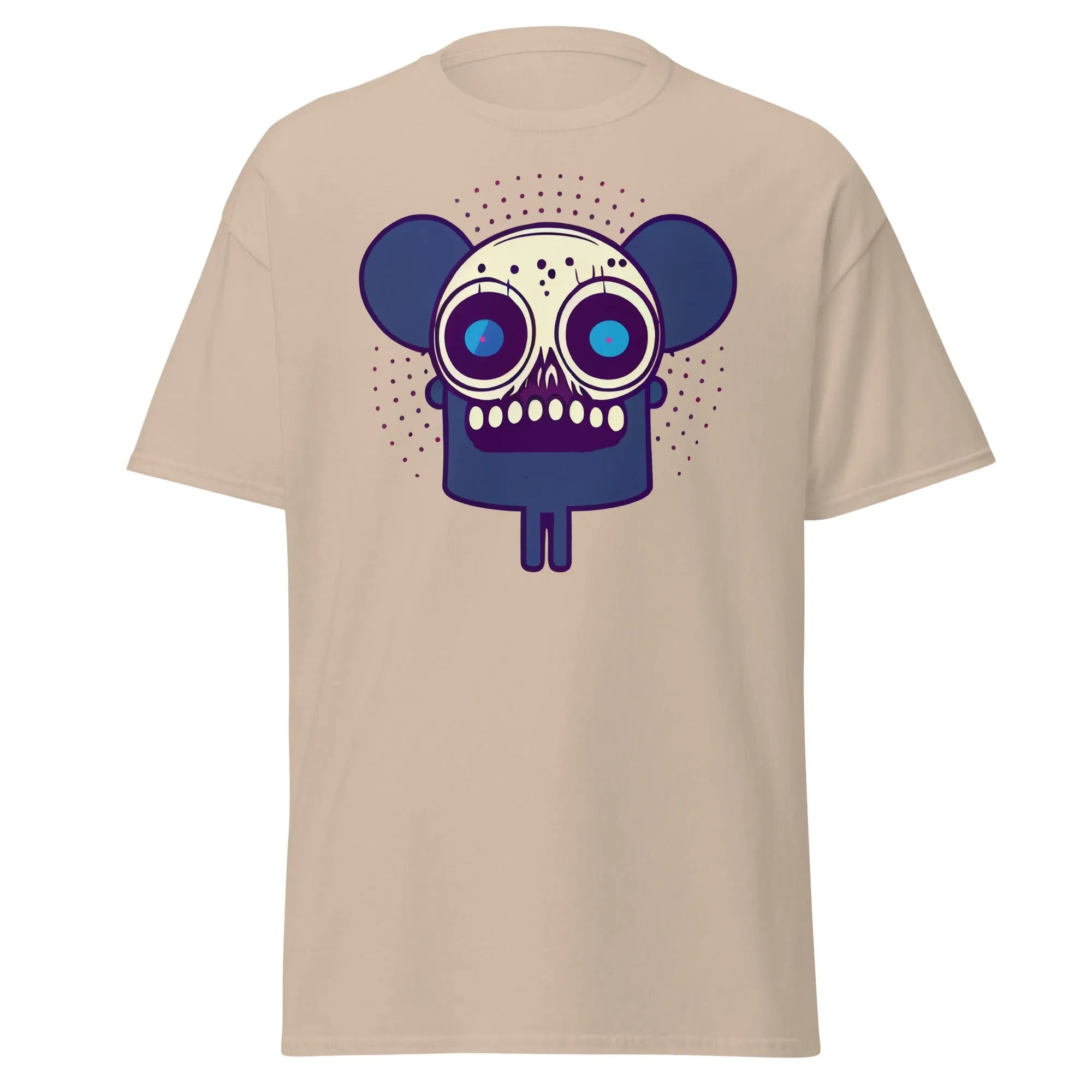 Spooky Mouse sand Halloween T-shirt featuring a zombie mouse with big ears and dotted patterns around the head.