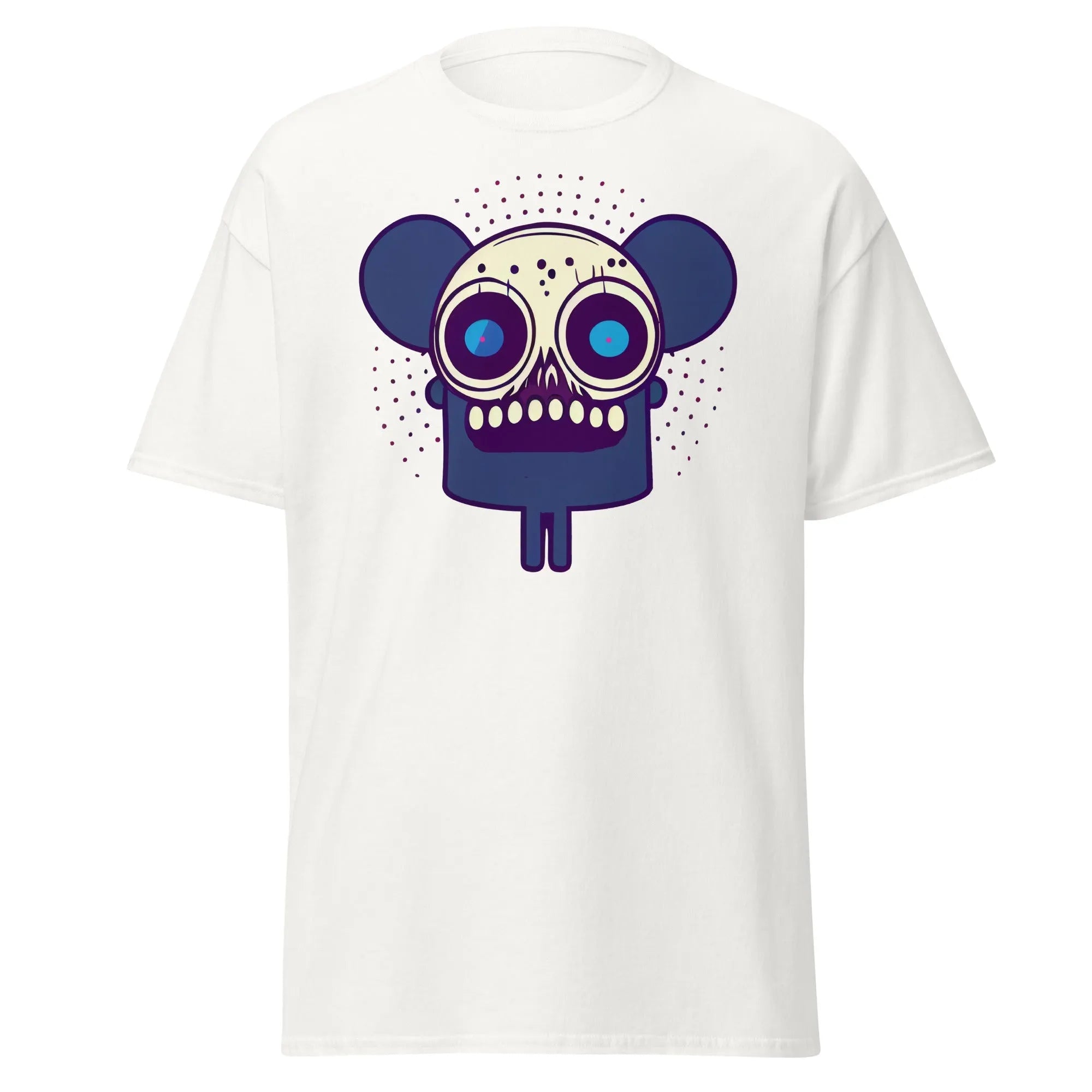 Spooky Mouse white Halloween T-shirt featuring a zombie mouse with big ears and dotted patterns around the head.