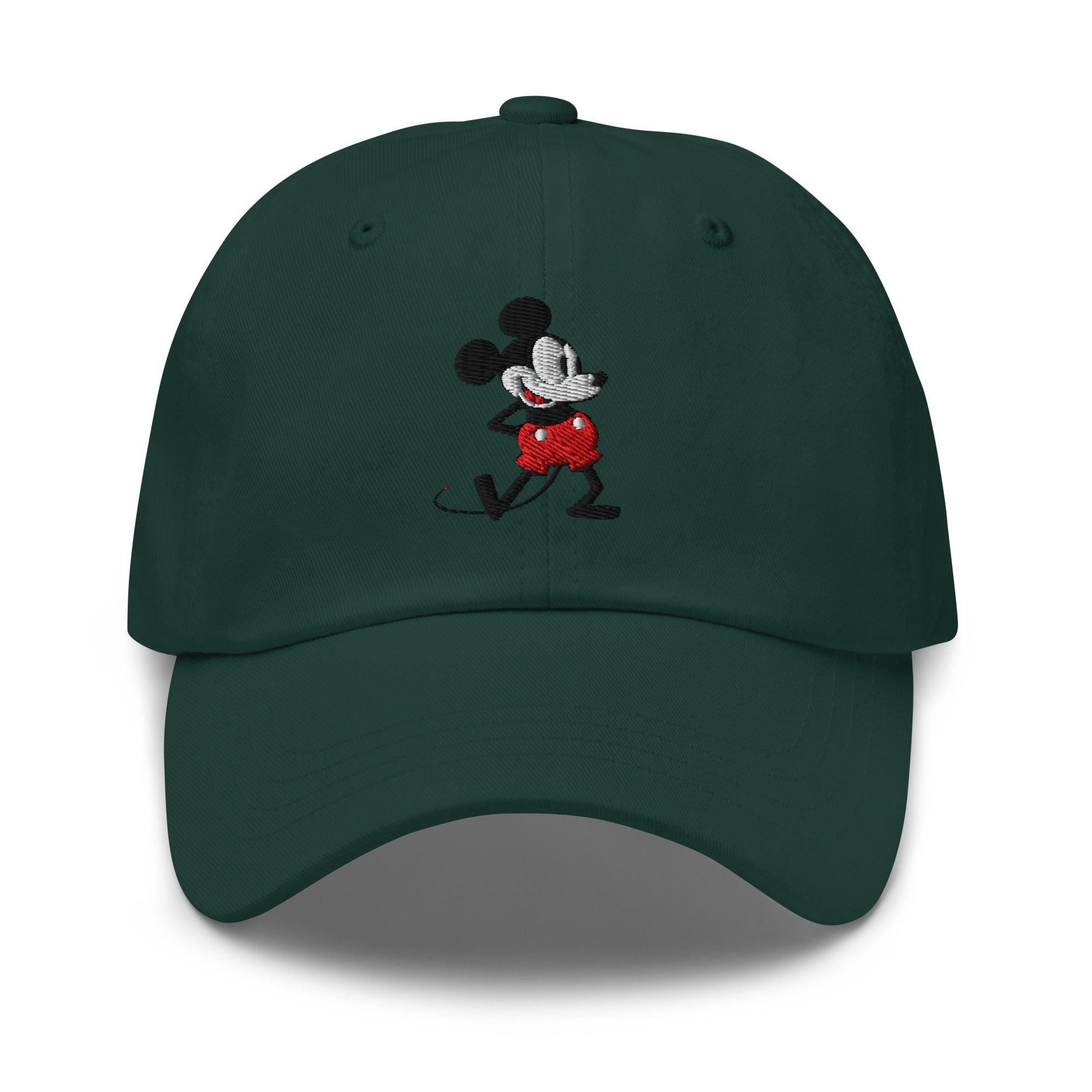 Spruce dad hat with a 1928 Mickey Mouse embroidered cartoon character.