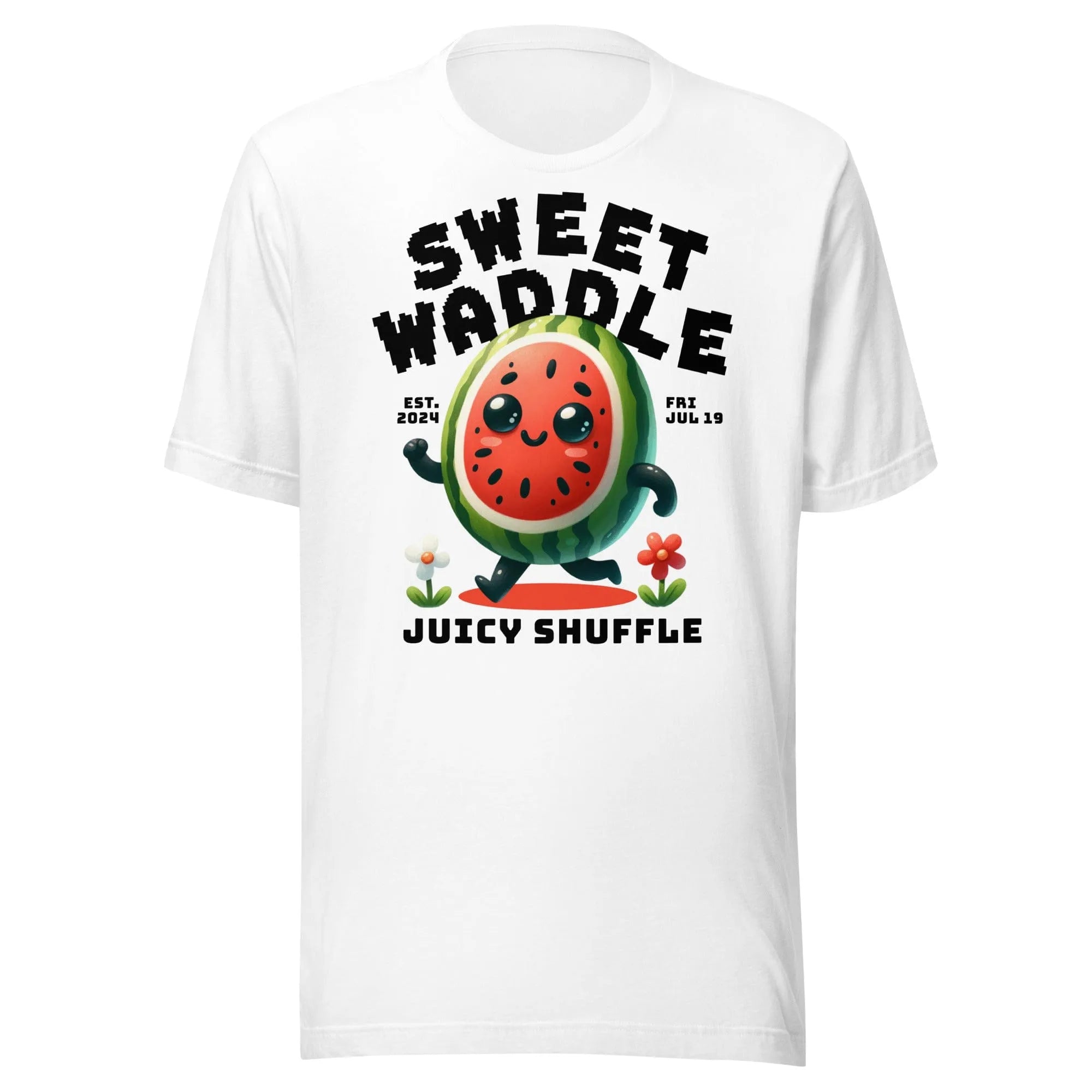 White Sweet Waddle T-Shirt by Kicks Shoelaces with smiling watermelon slice, flowers, and playful slogan.