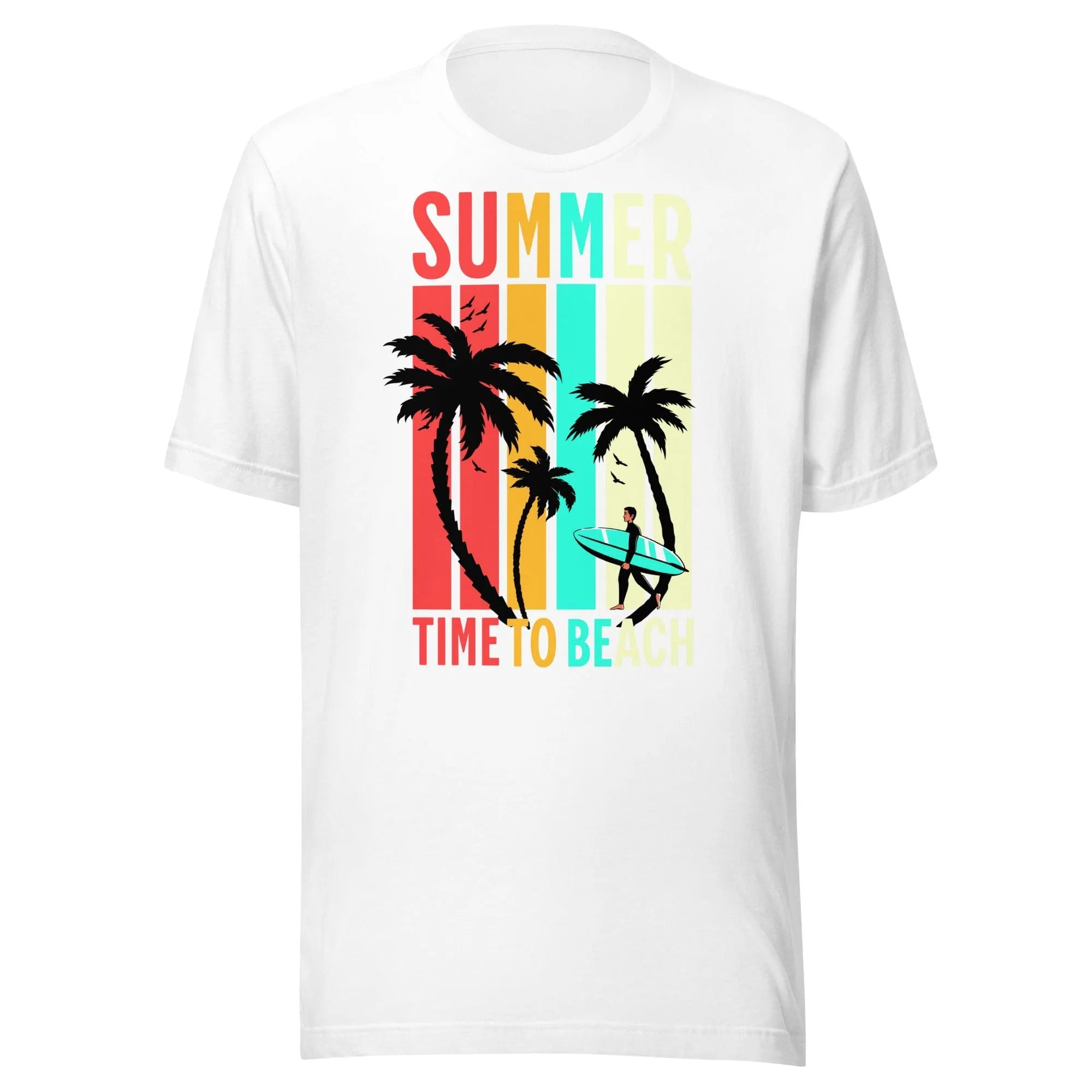 White Time To Beach T-Shirt by Kicks Shoelaces with palm trees, surfer, bold stripes, and ‘Summer Time To Beach’ text.