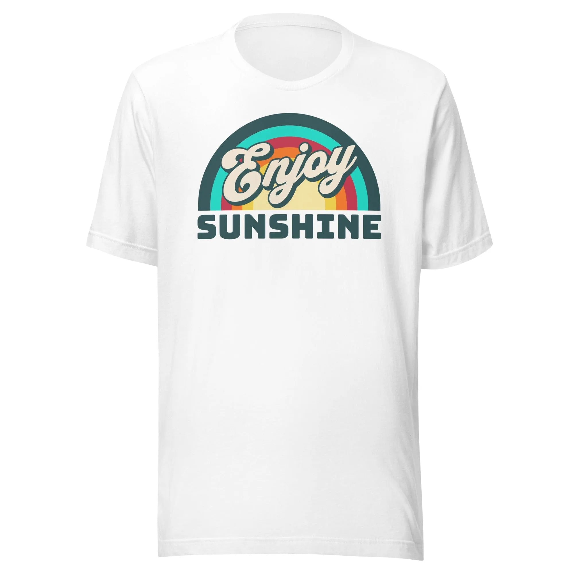 White Retro Rainbow T-Shirt by Kicks Shoelaces with ‘Enjoy Sunshine’ text, rainbow, and sun graphics