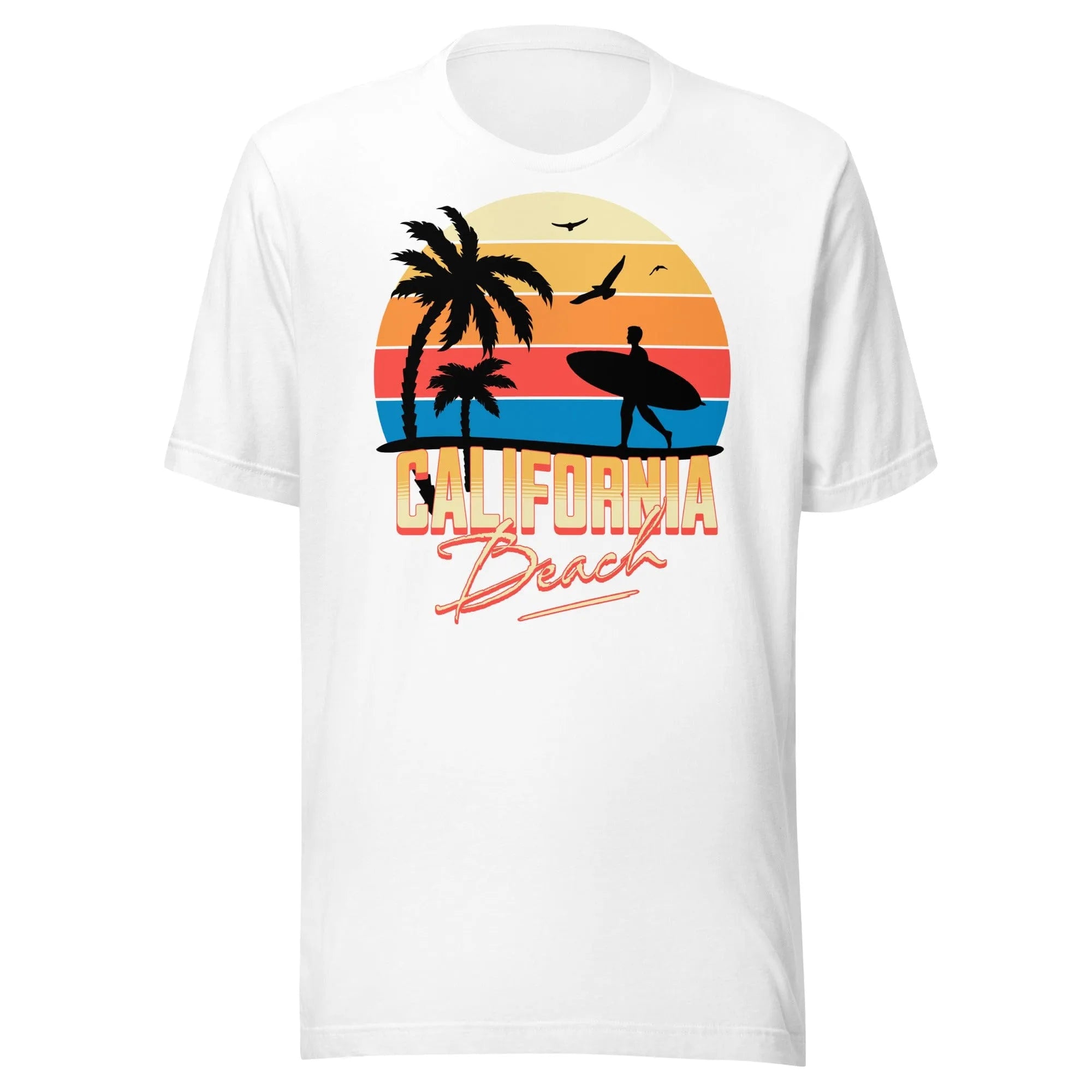 White California Beach T-Shirt by Kicks Shoelaces with sunset, palm trees, birds, surfer, and ‘California Beach’ text.