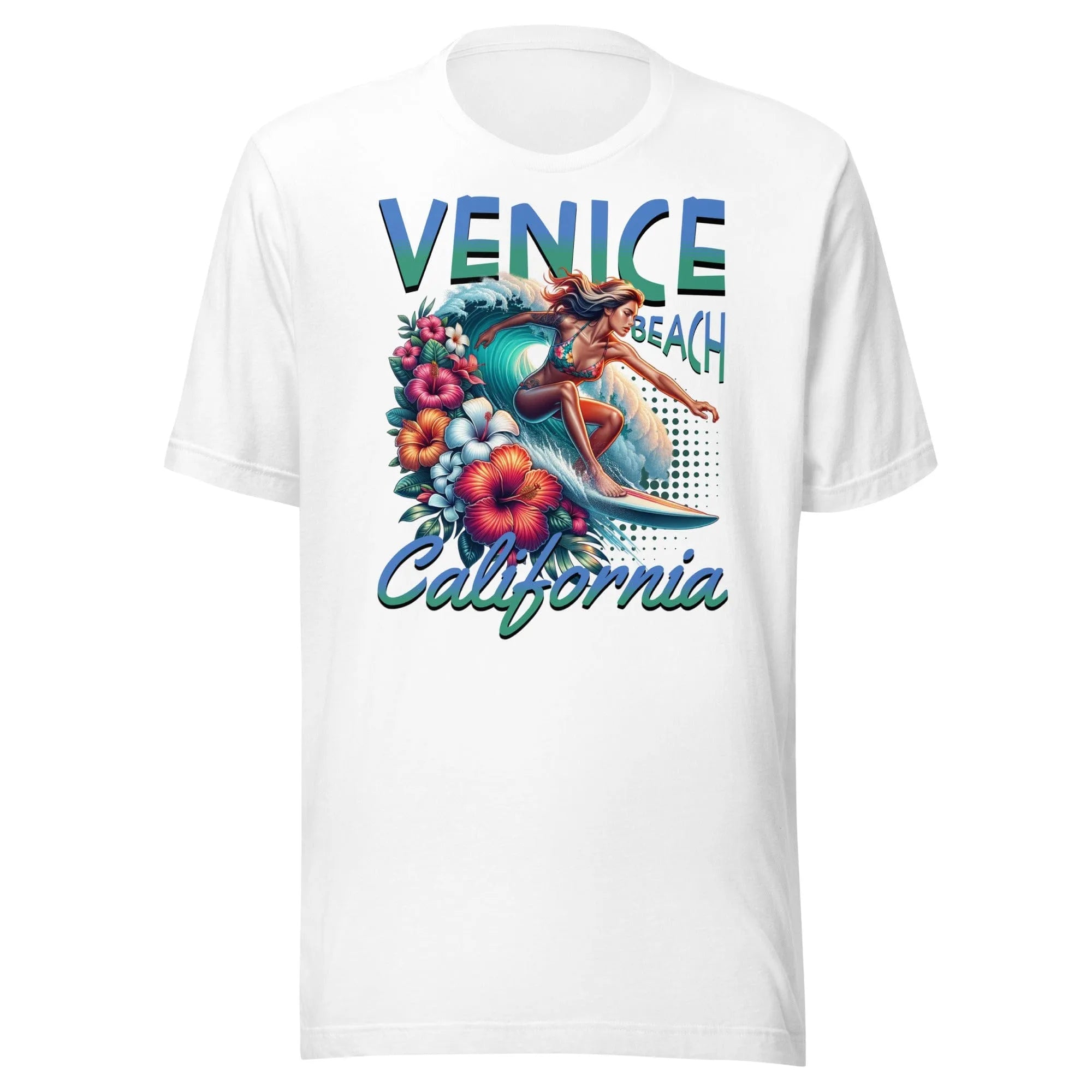 White Venice Beach T-Shirt by Kicks Shoelaces with colorful graphic of woman surfing, tropical flowers, and Venice Beach California text