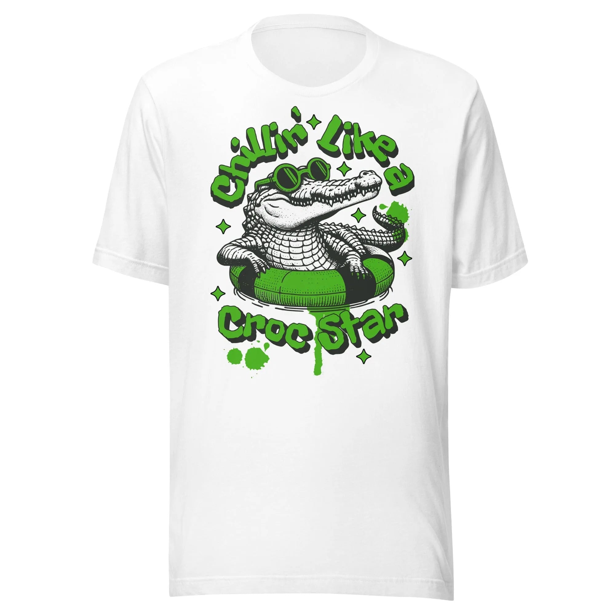 White Croc Star graphic tee by Kicks Shoelaces with cartoon crocodile and ‘Chillin Like a Croc Star’ text