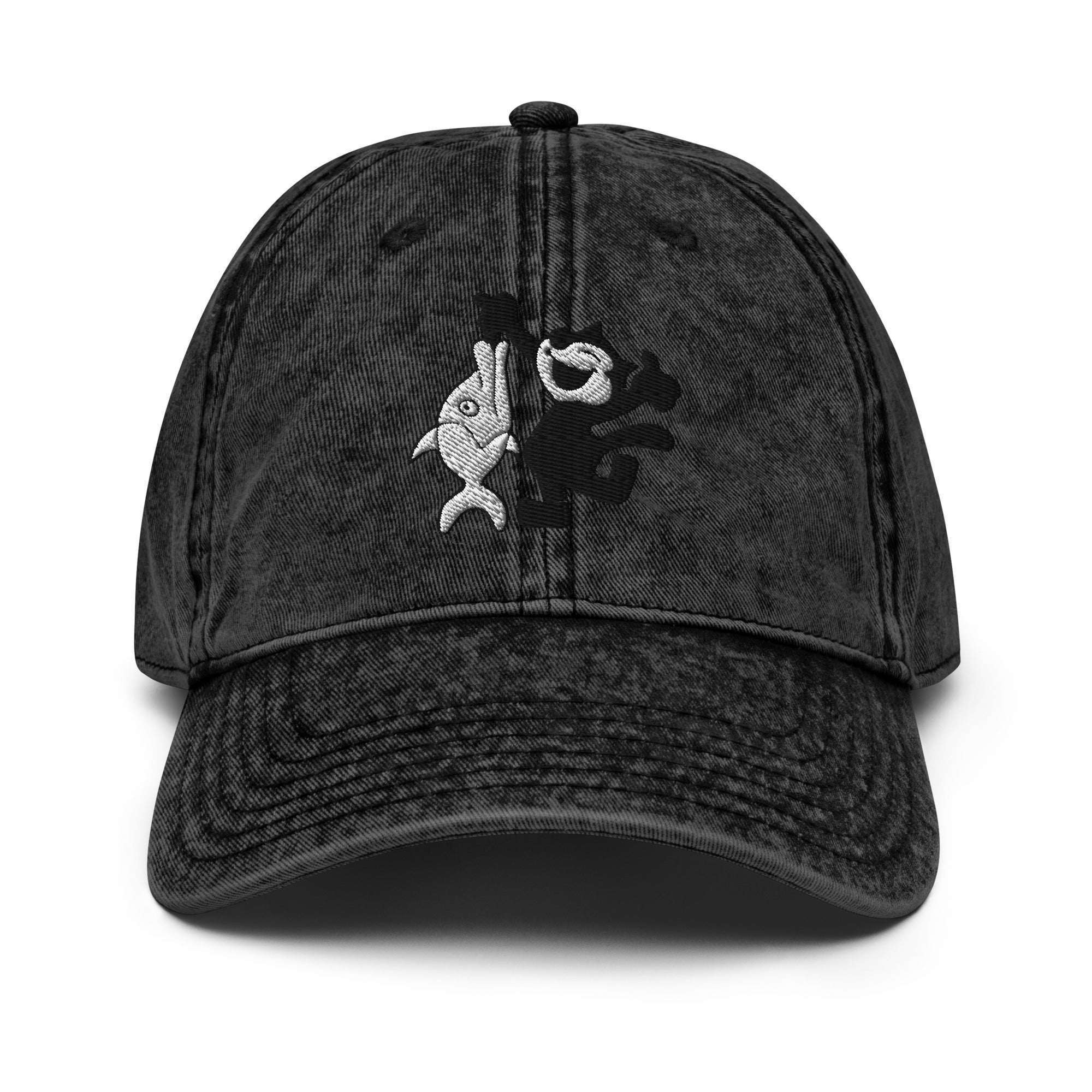 Black vintage baseball cap featuring a 1920 Felix the Cat design with a fish from Disney’s early animation era