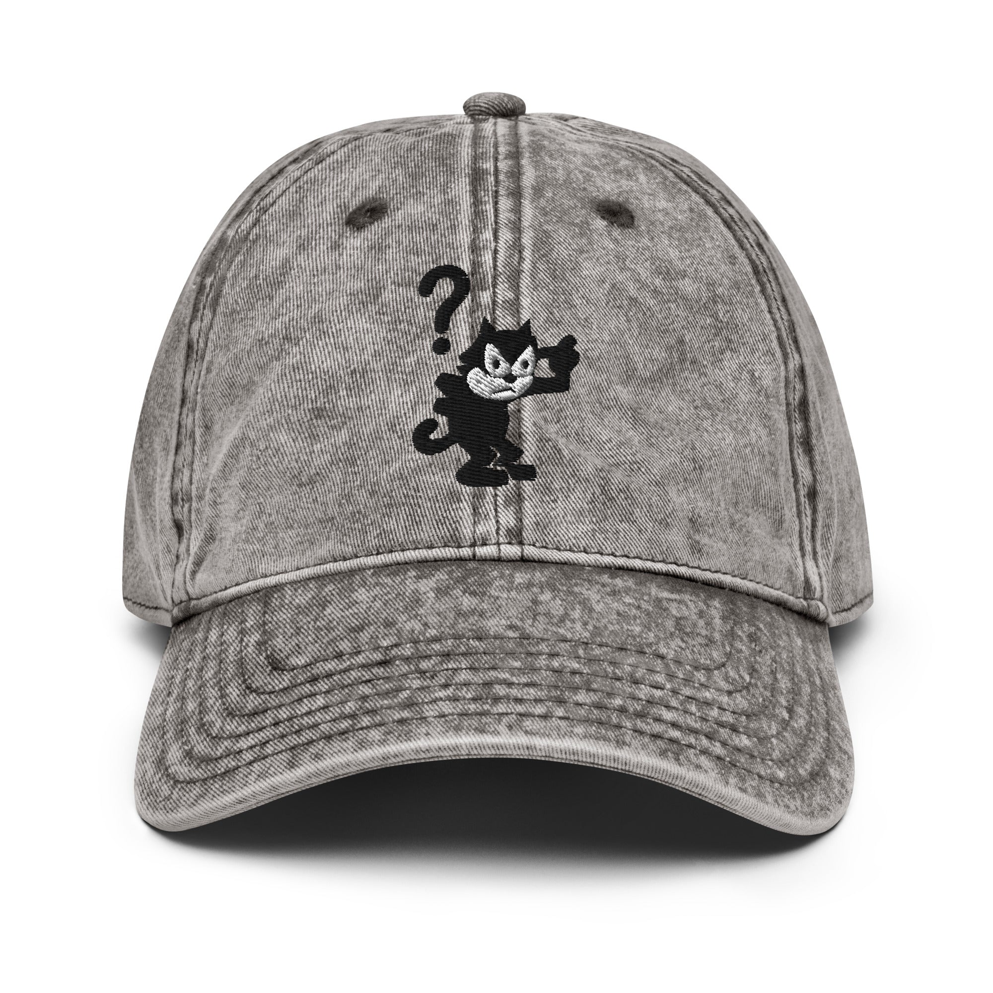 Grey vintage baseball cap featuring a 1920 Felix the Cat design with a question mark from Disney’s early animation era