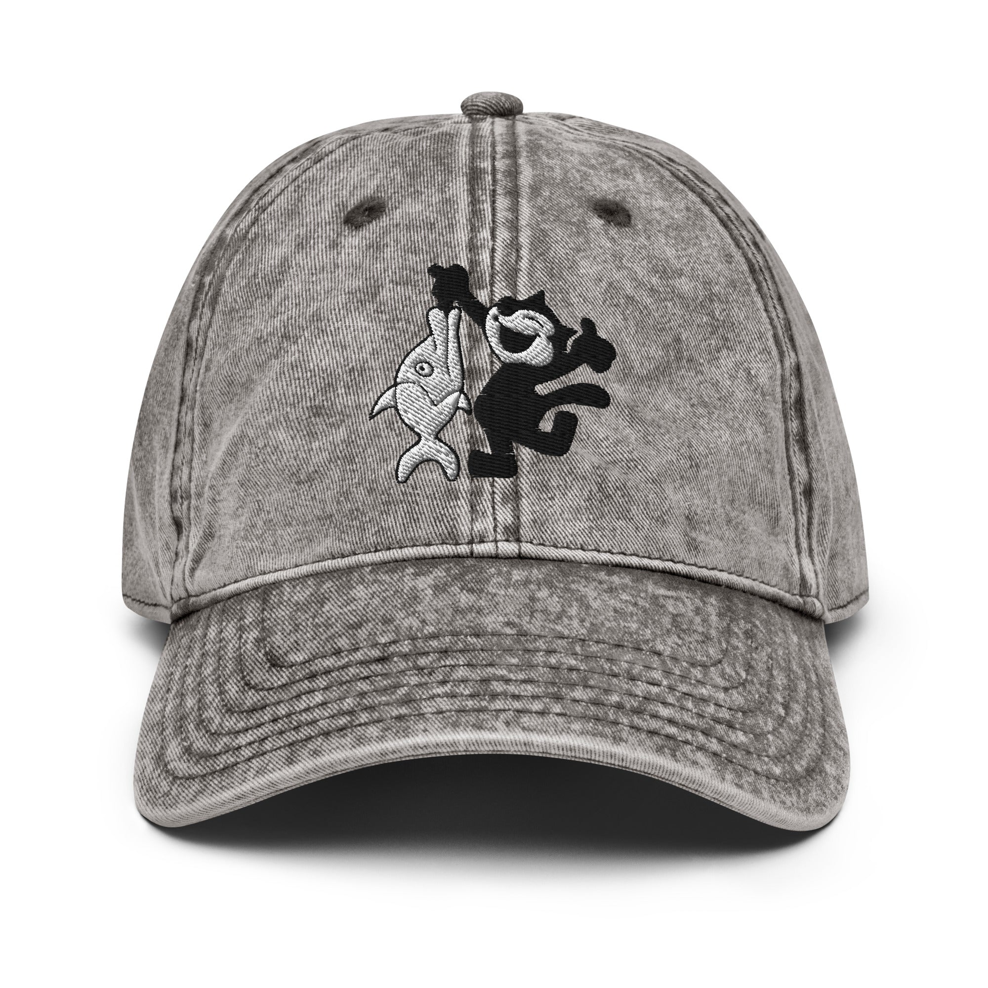 Grey vintage baseball cap featuring a 1920 Felix the Cat design with a fish from Disney’s early animation era