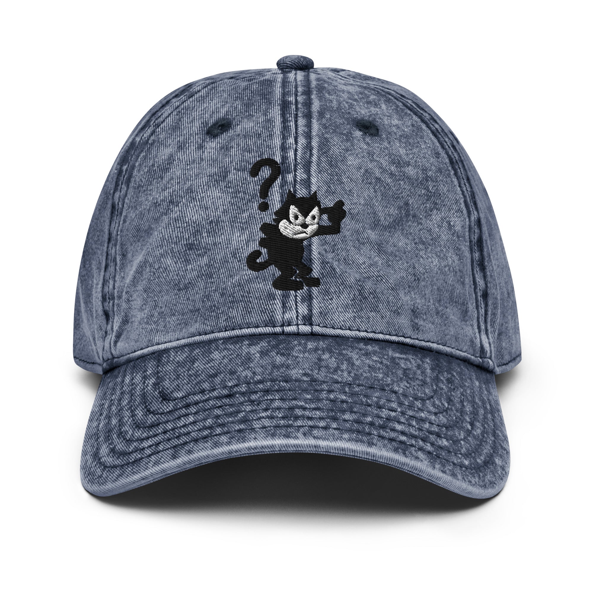Navy vintage baseball cap featuring a 1920 Felix the Cat design with a question mark from Disney’s early animation era