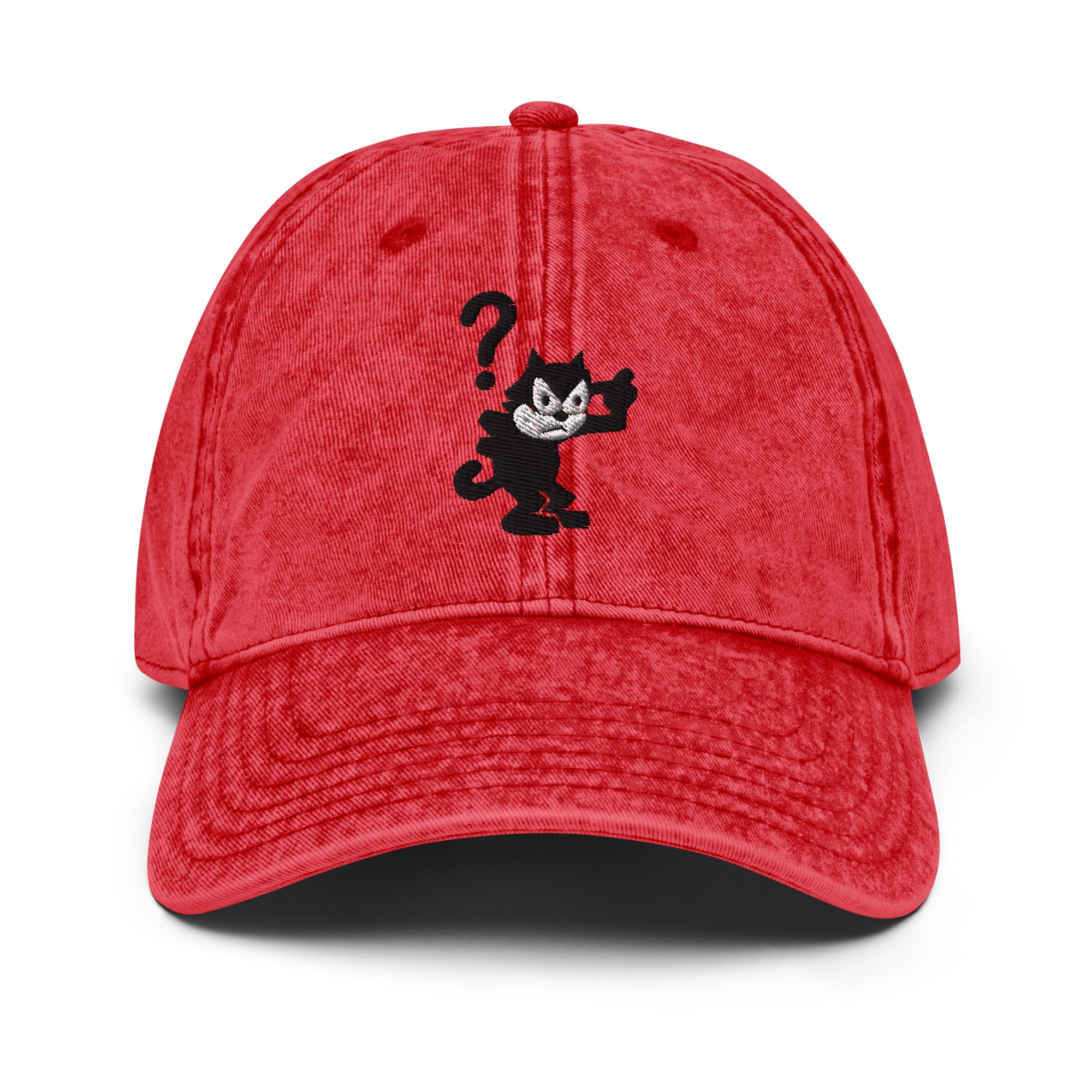 Red vintage baseball cap featuring a 1920 Felix the Cat design with a question mark from Disney’s early animation era